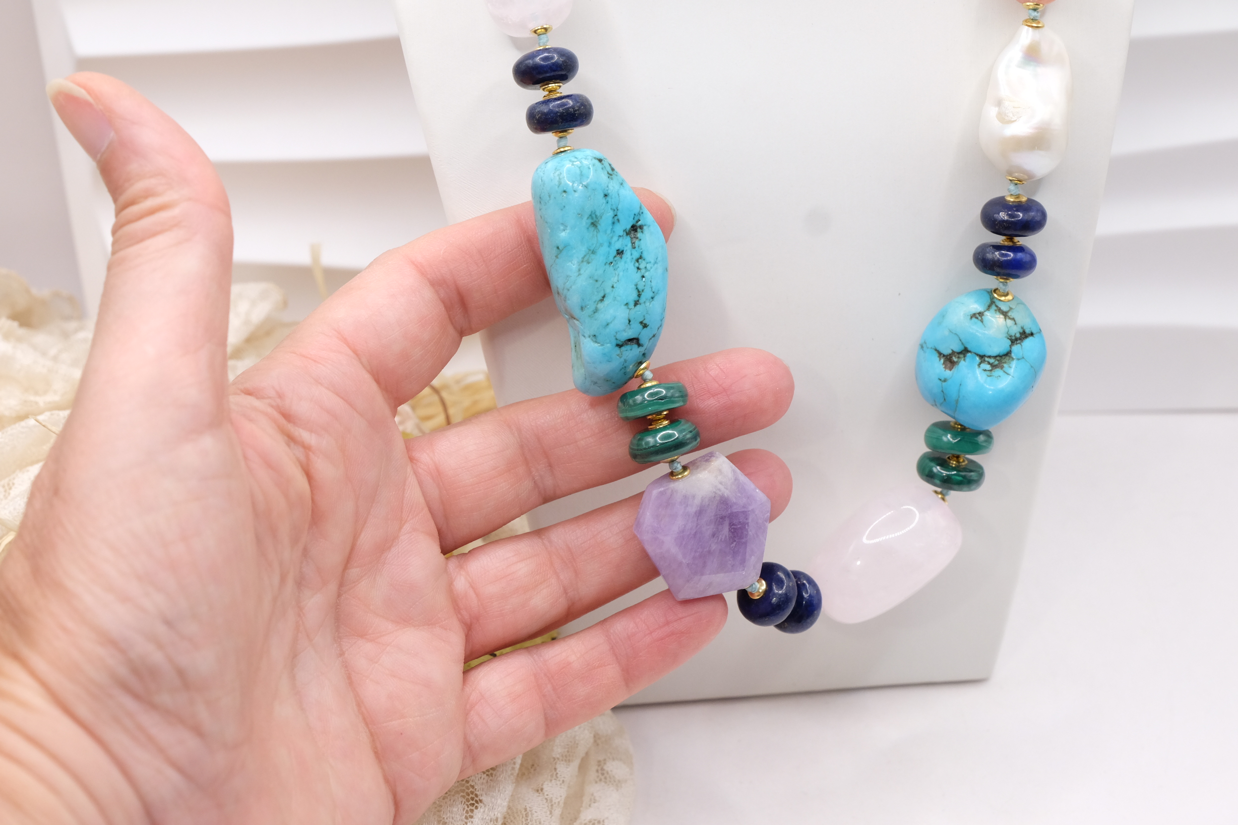 COLLANA ARTIGIANALE PERLE AMETISTA TURCHESE ACQUAMARINA LAPIS MALACHITE (4)