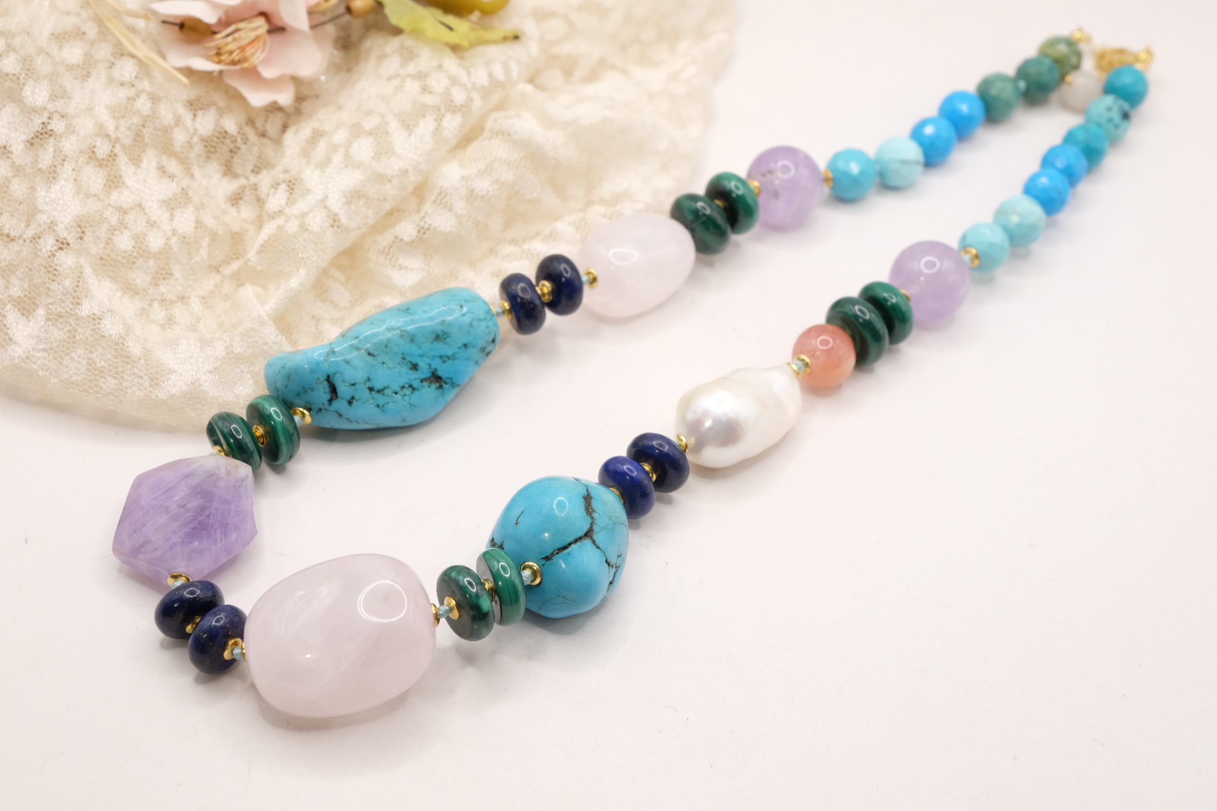 COLLANA ARTIGIANALE PERLE AMETISTA TURCHESE ACQUAMARINA LAPIS MALACHITE (5)
