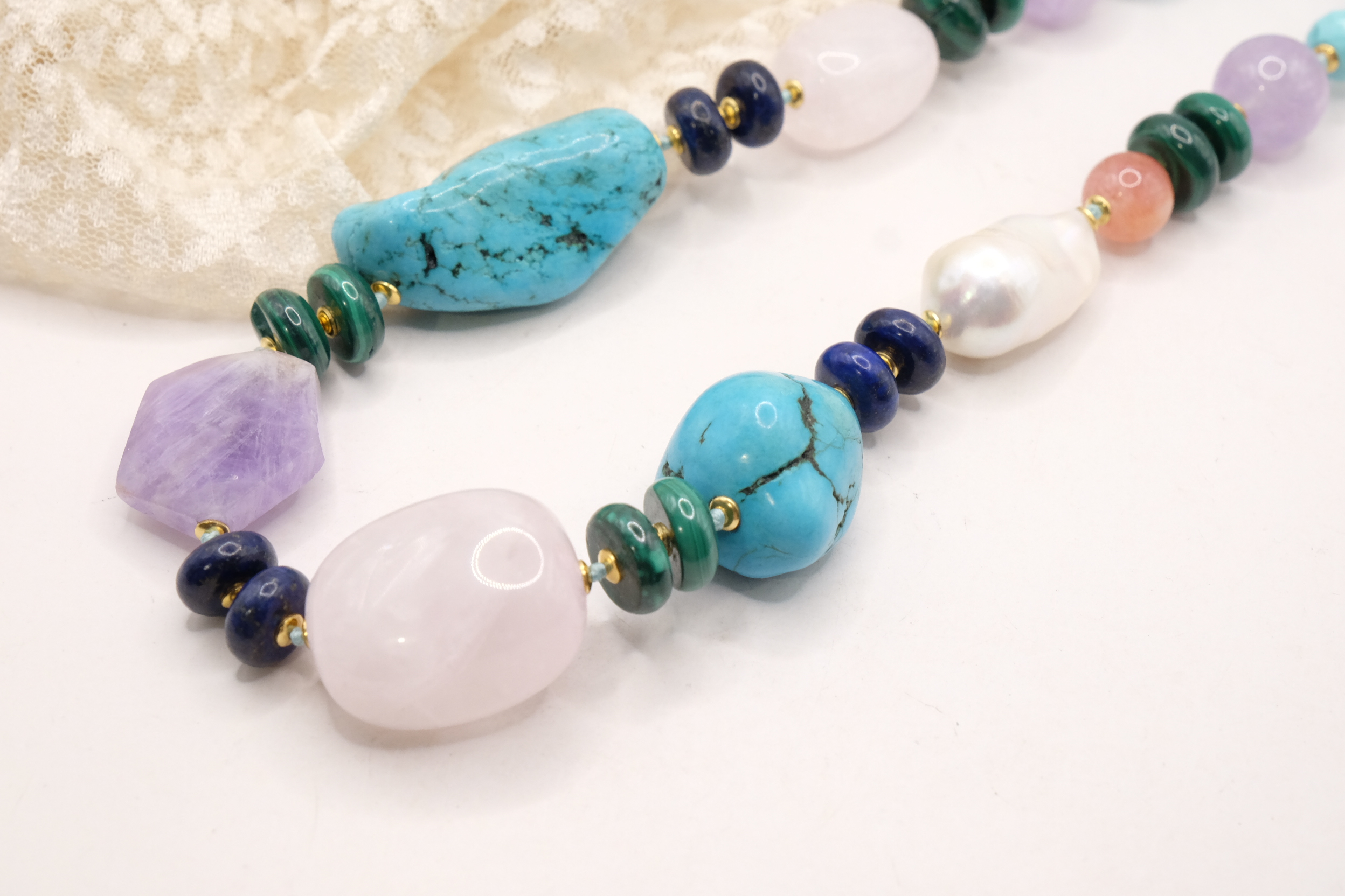 COLLANA ARTIGIANALE PERLE AMETISTA TURCHESE ACQUAMARINA LAPIS MALACHITE (6)