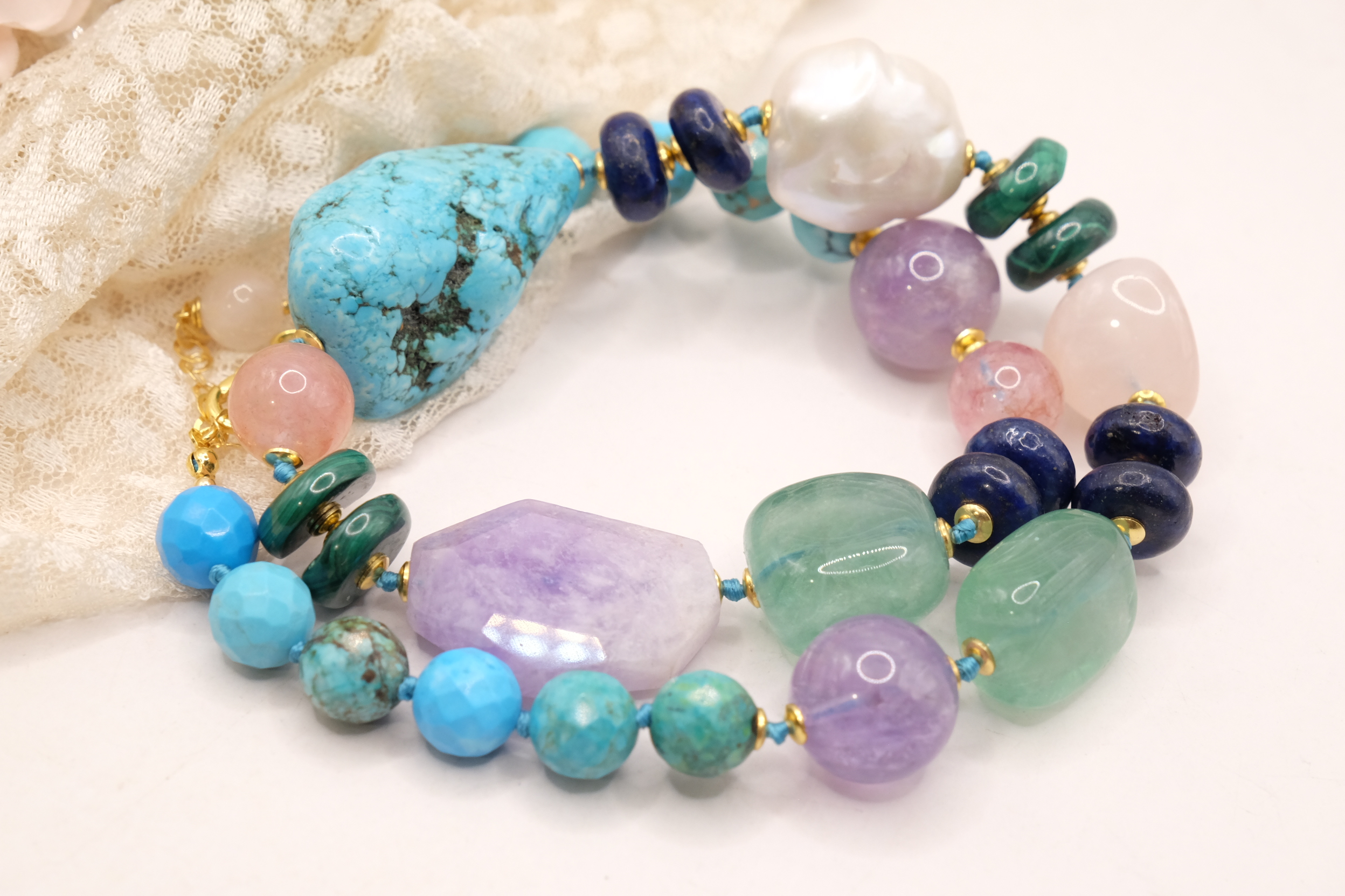 COLLANA ARTIGIANALE PERLE AMETISTA TURCHESE ACQUAMARINA LAPIS MALACHITE B (1)