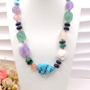 Collana Asimmetrica Turchese Perla Ametista Quarzo Rosa Malachite Lapis B