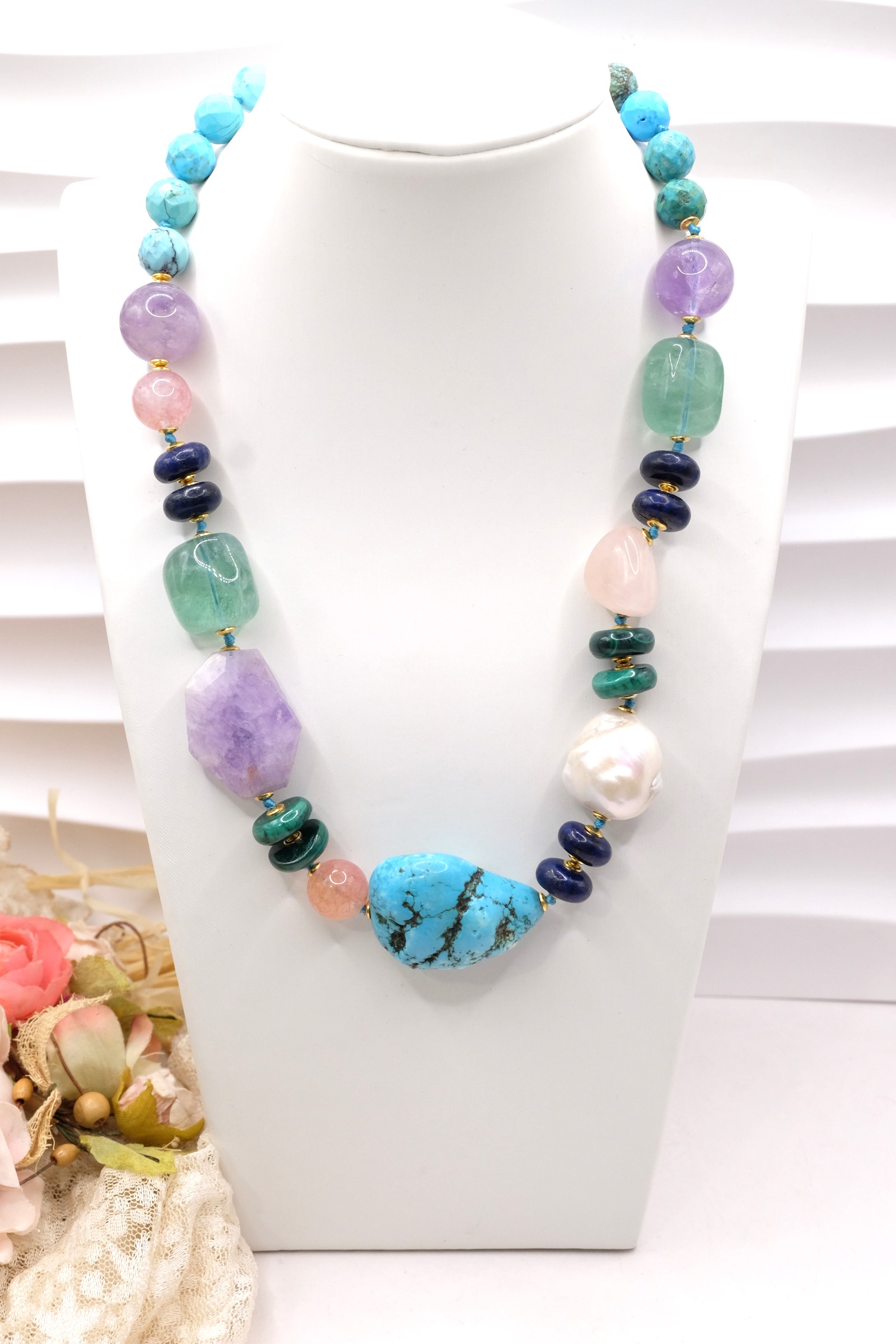 COLLANA ARTIGIANALE PERLE AMETISTA TURCHESE ACQUAMARINA LAPIS MALACHITE B (2)