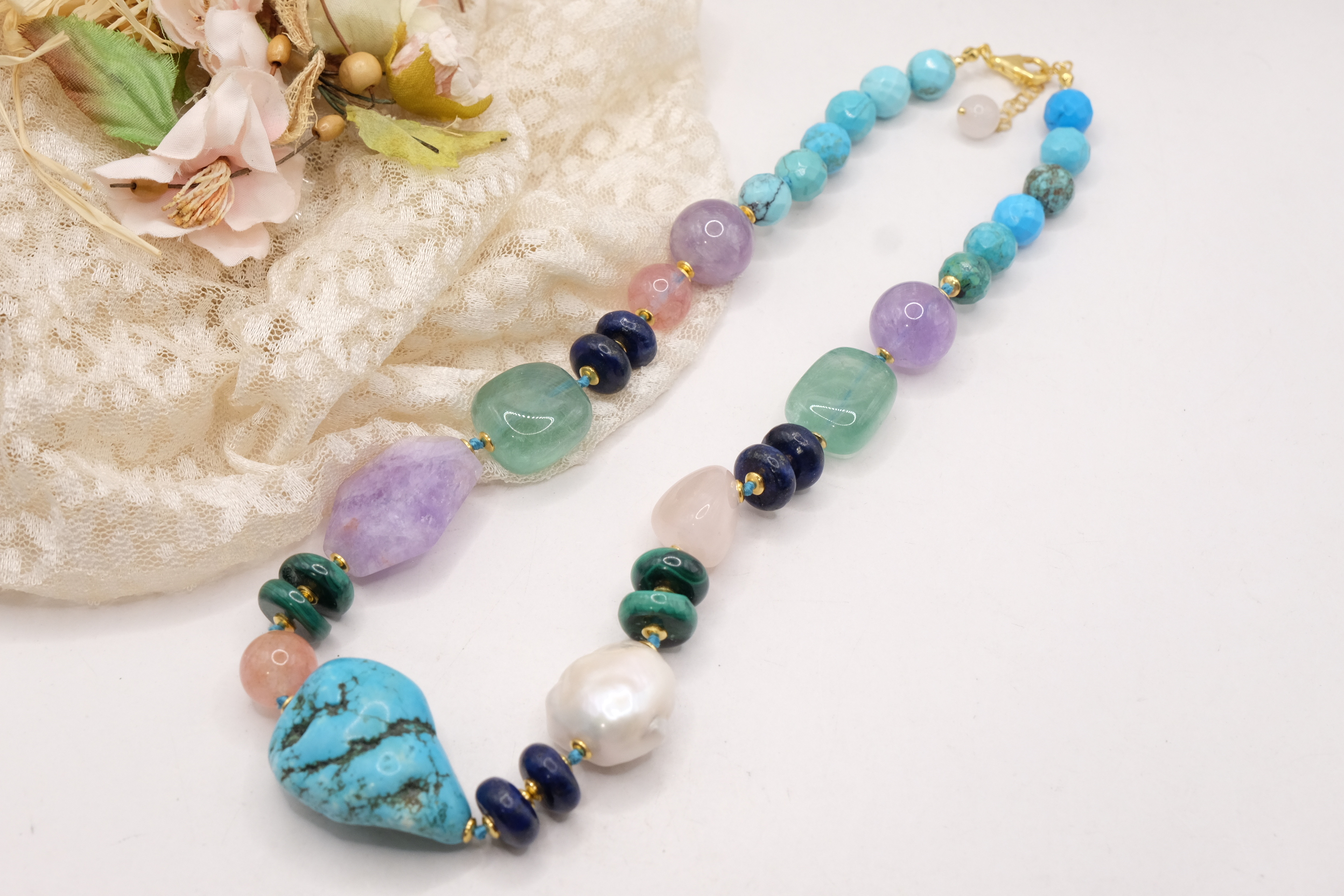 COLLANA ARTIGIANALE PERLE AMETISTA TURCHESE ACQUAMARINA LAPIS MALACHITE B (3)