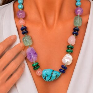 Collana Asimmetrica Turchese Perla Ametista Quarzo Rosa Malachite Lapis B