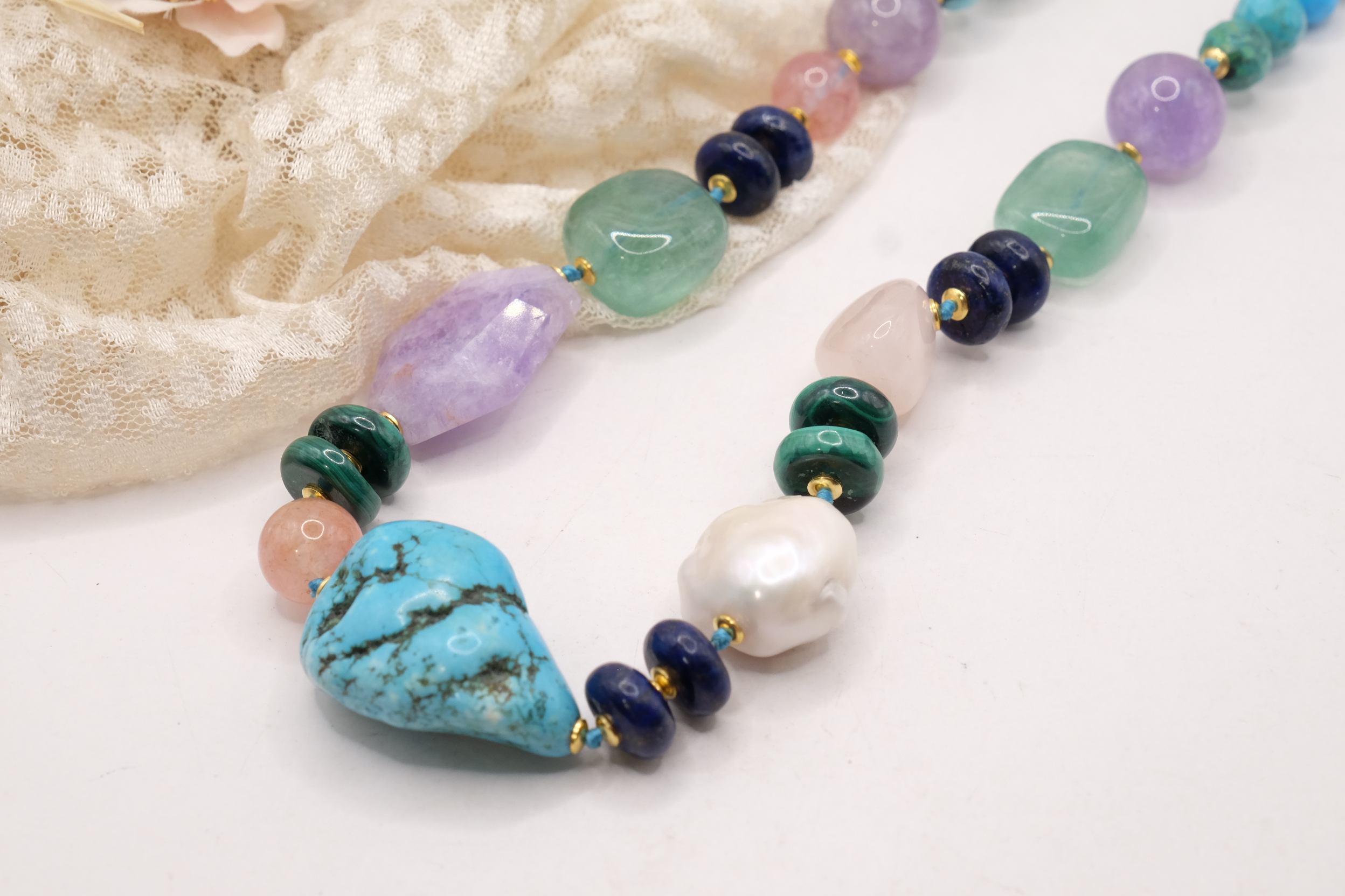 COLLANA ARTIGIANALE PERLE AMETISTA TURCHESE ACQUAMARINA LAPIS MALACHITE B (4)
