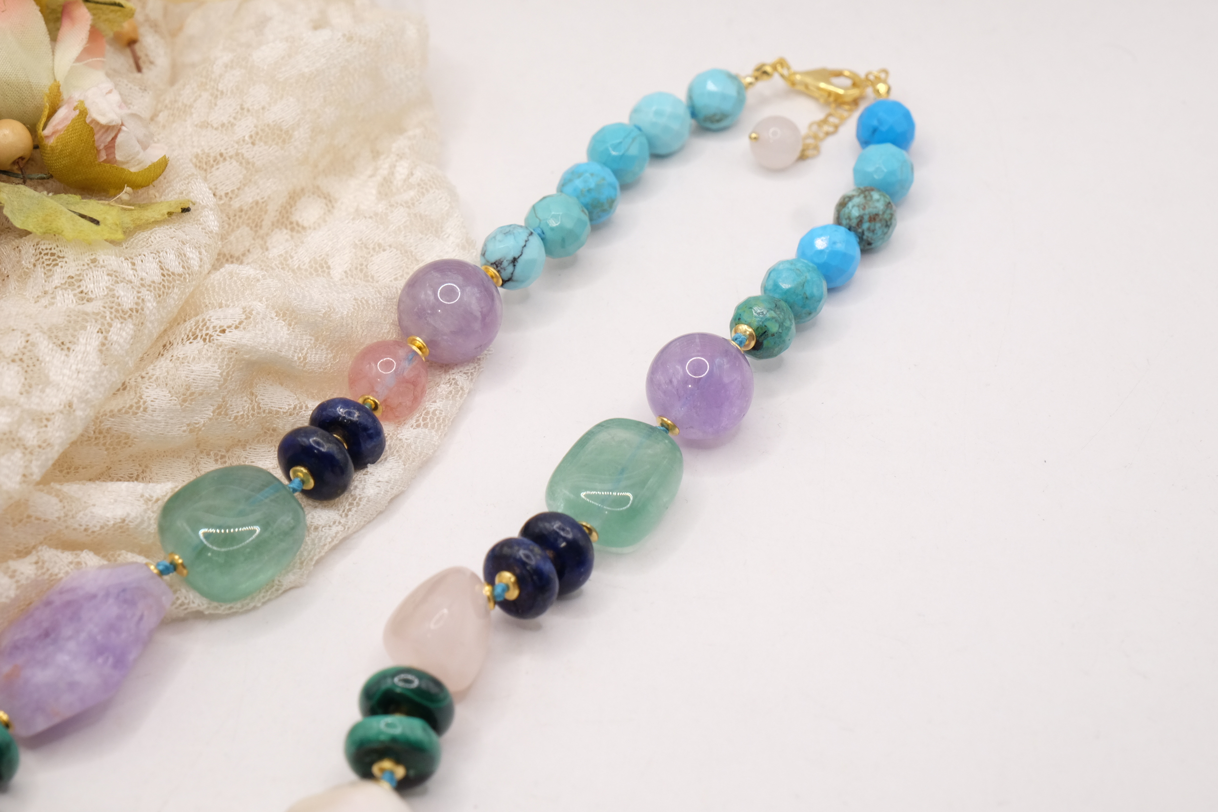 COLLANA ARTIGIANALE PERLE AMETISTA TURCHESE ACQUAMARINA LAPIS MALACHITE B (5)