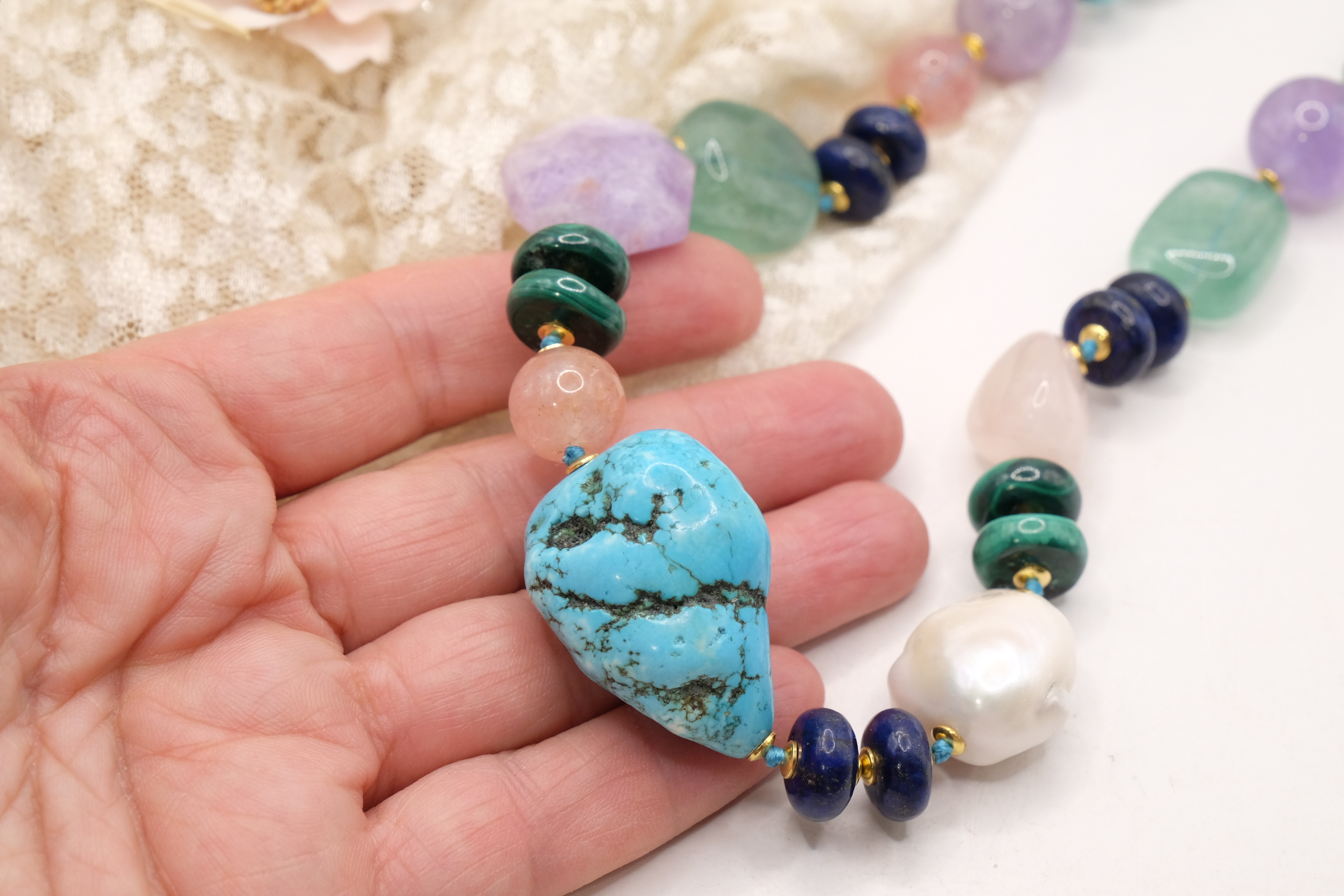 COLLANA ARTIGIANALE PERLE AMETISTA TURCHESE ACQUAMARINA LAPIS MALACHITE B (6)
