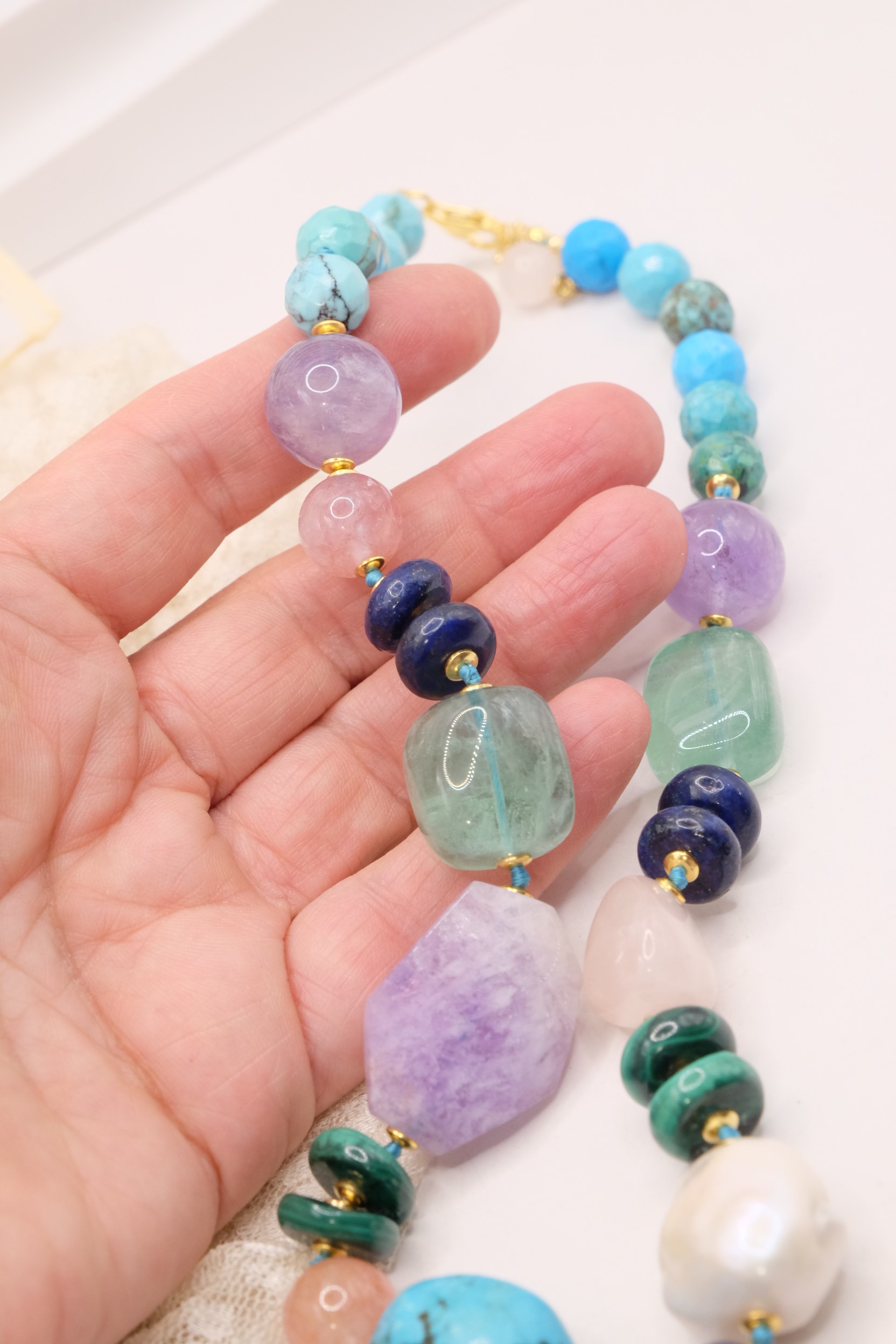 COLLANA ARTIGIANALE PERLE AMETISTA TURCHESE ACQUAMARINA LAPIS MALACHITE B (7)