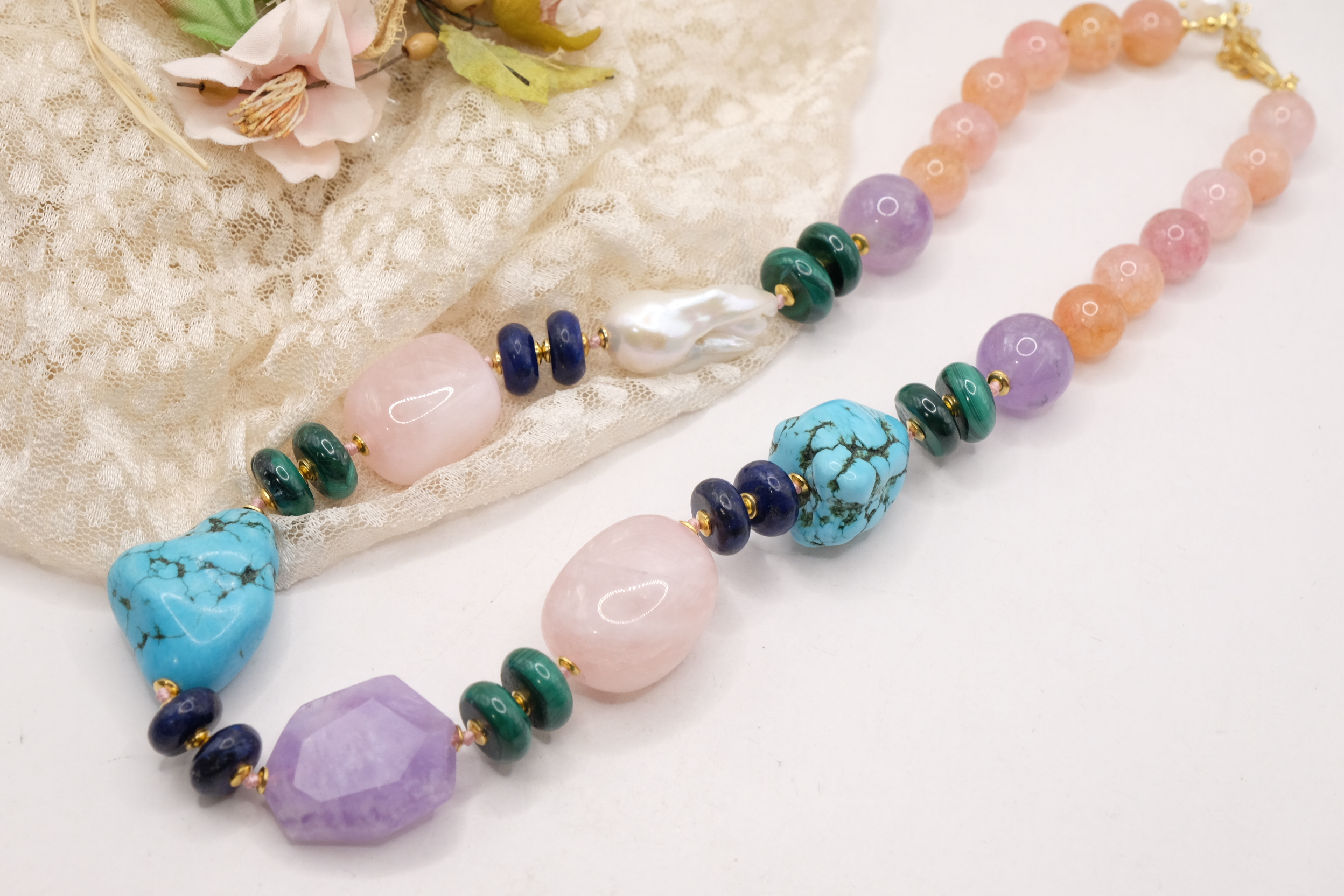 COLLANA ARTIGIANALE PERLE AMETISTA TURCHESE ACQUAMARINA LAPIS MALACHITE B B (1)