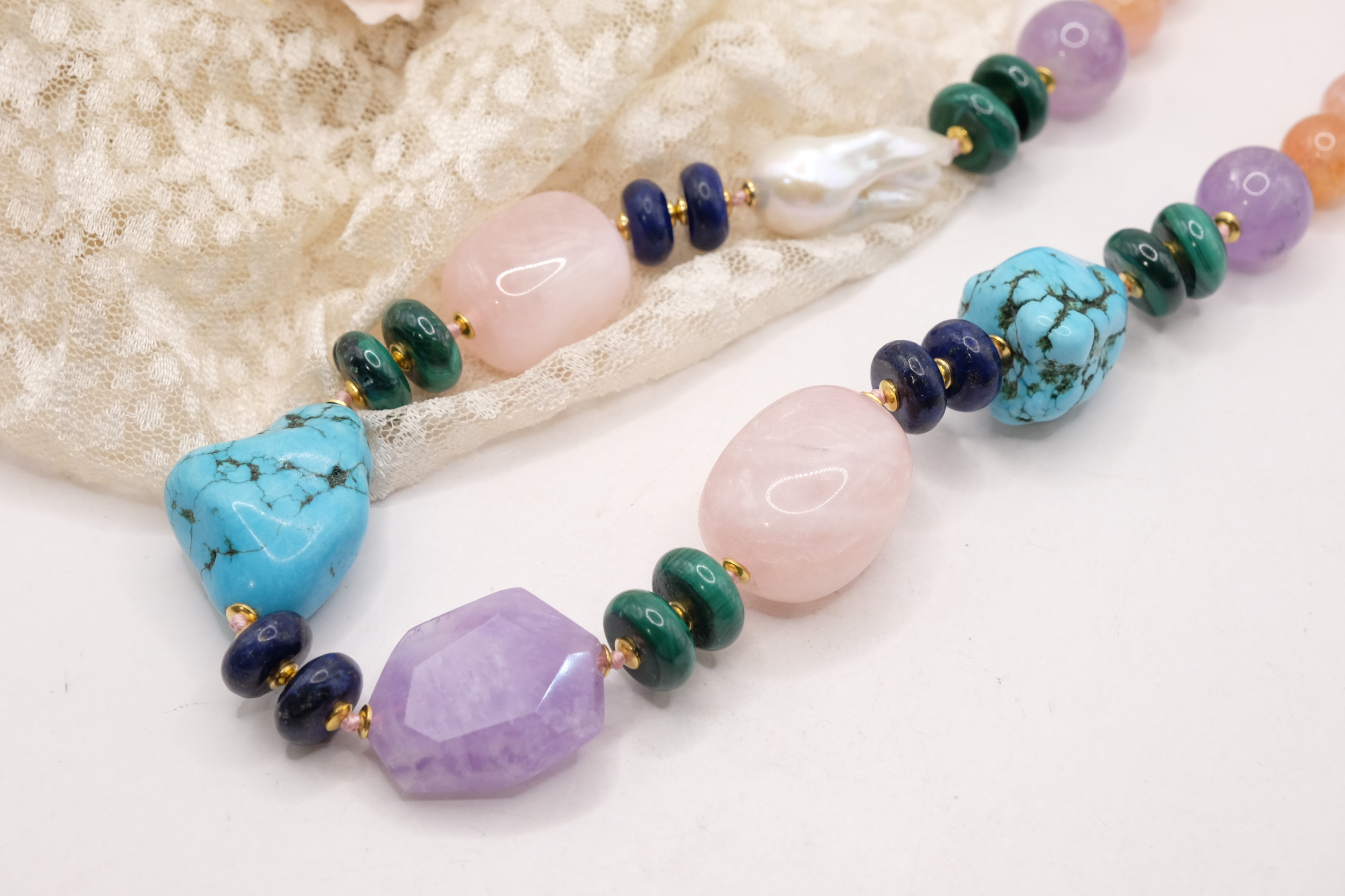 COLLANA ARTIGIANALE PERLE AMETISTA TURCHESE ACQUAMARINA LAPIS MALACHITE B B (2)