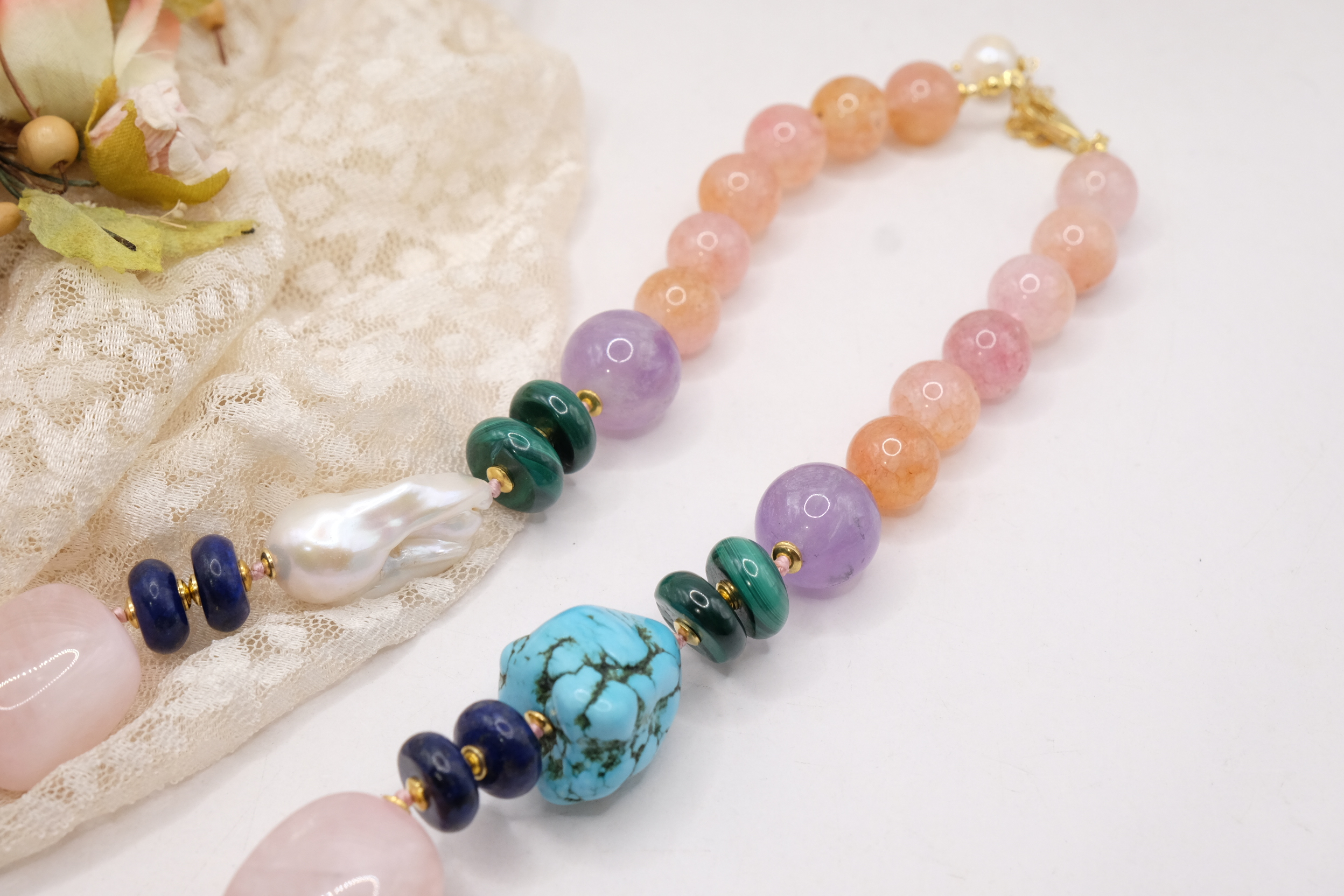 COLLANA ARTIGIANALE PERLE AMETISTA TURCHESE ACQUAMARINA LAPIS MALACHITE B B (3)