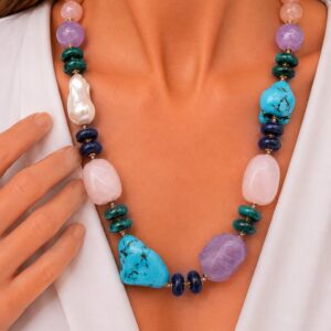 Collana Asimmetrica Turchese Perla Ametista Pietra di Luna Quarzo Rosa Malachite Lapis