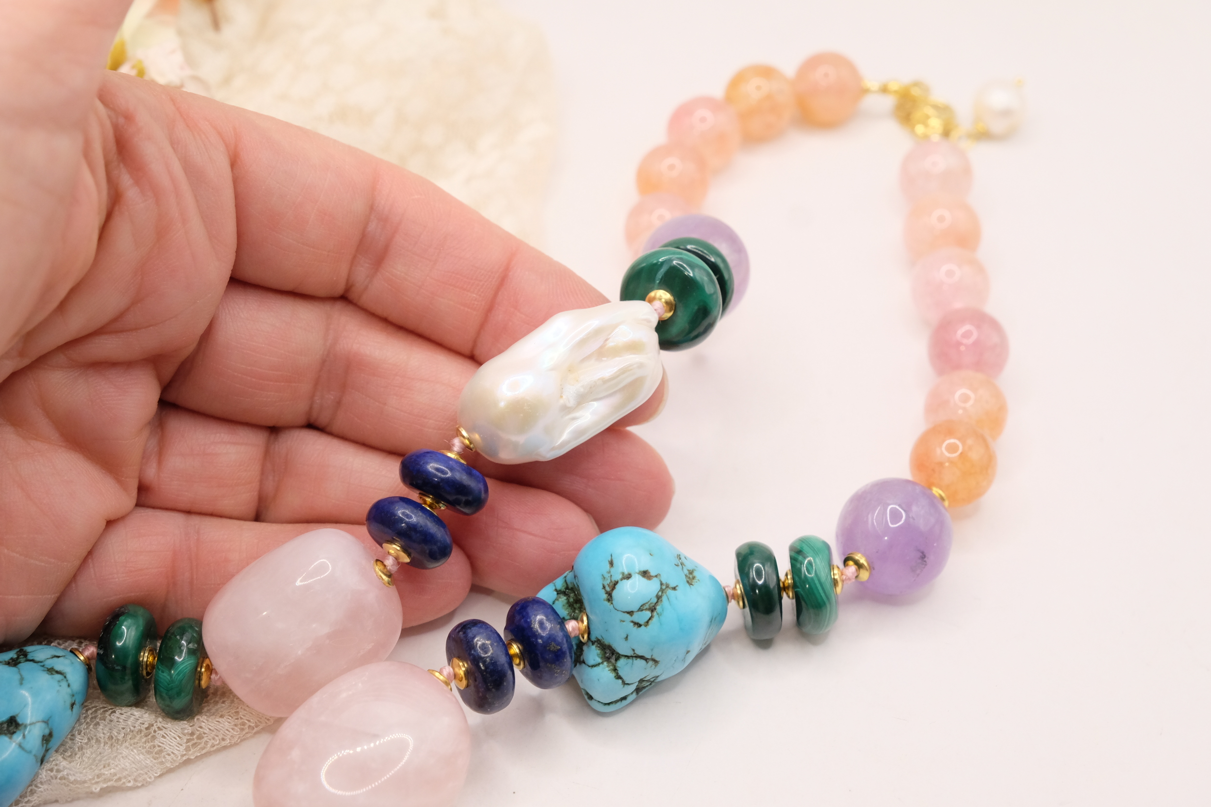COLLANA ARTIGIANALE PERLE AMETISTA TURCHESE ACQUAMARINA LAPIS MALACHITE B B (5)