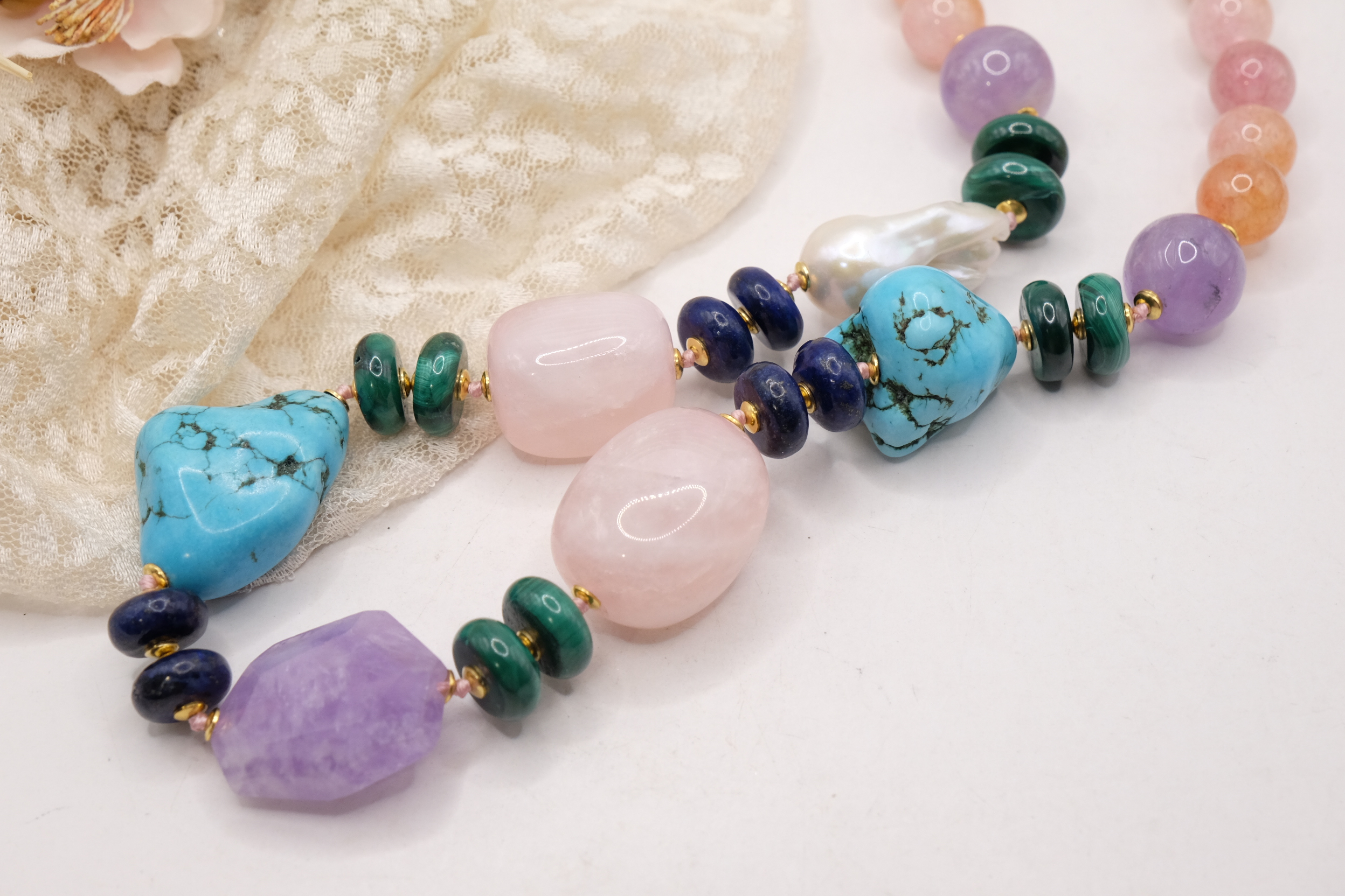 COLLANA ARTIGIANALE PERLE AMETISTA TURCHESE ACQUAMARINA LAPIS MALACHITE B B (6)