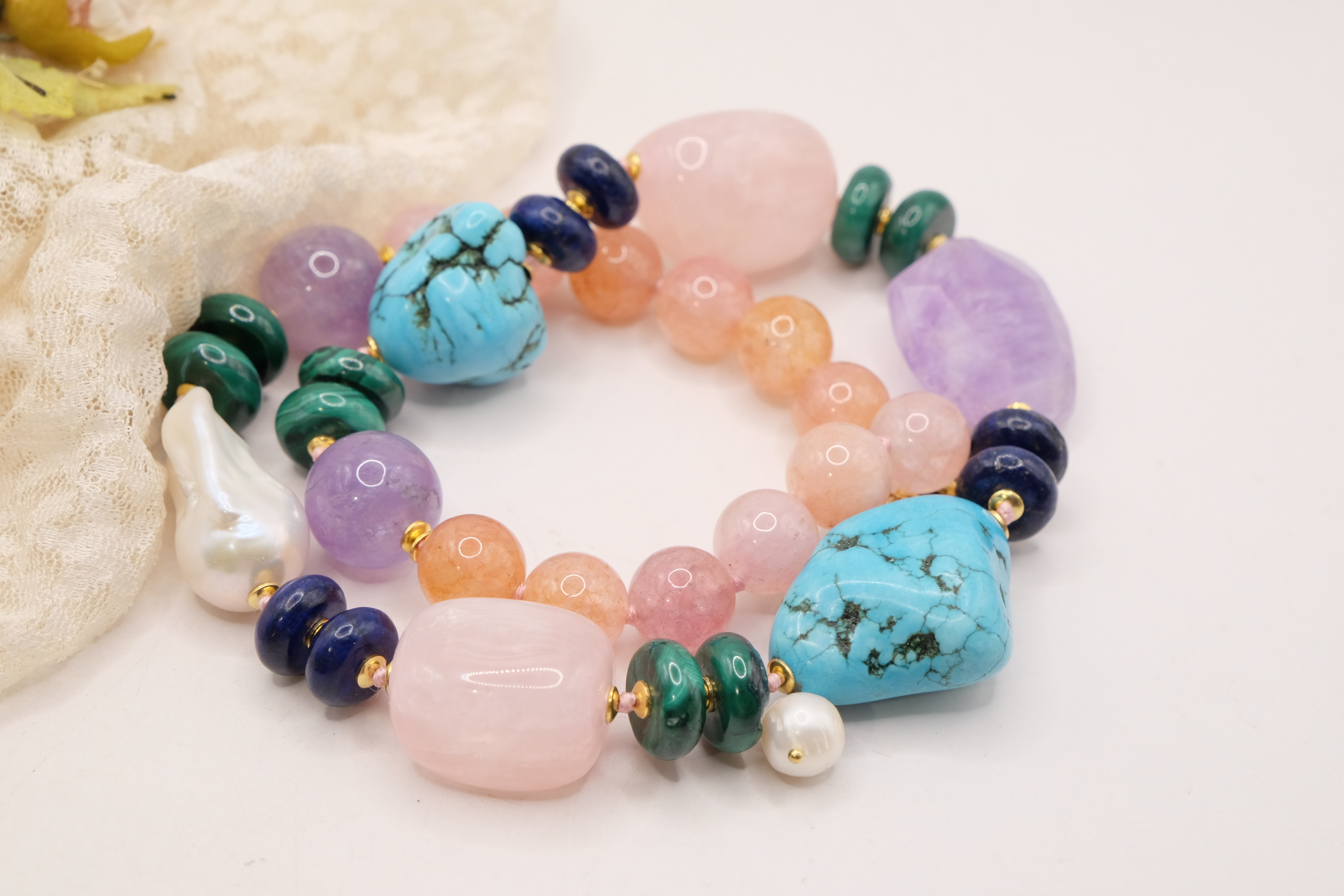 COLLANA ARTIGIANALE PERLE AMETISTA TURCHESE ACQUAMARINA LAPIS MALACHITE B B (7)