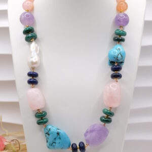 Collana Asimmetrica Turchese Perla Ametista Pietra di Luna Quarzo Rosa Malachite Lapis
