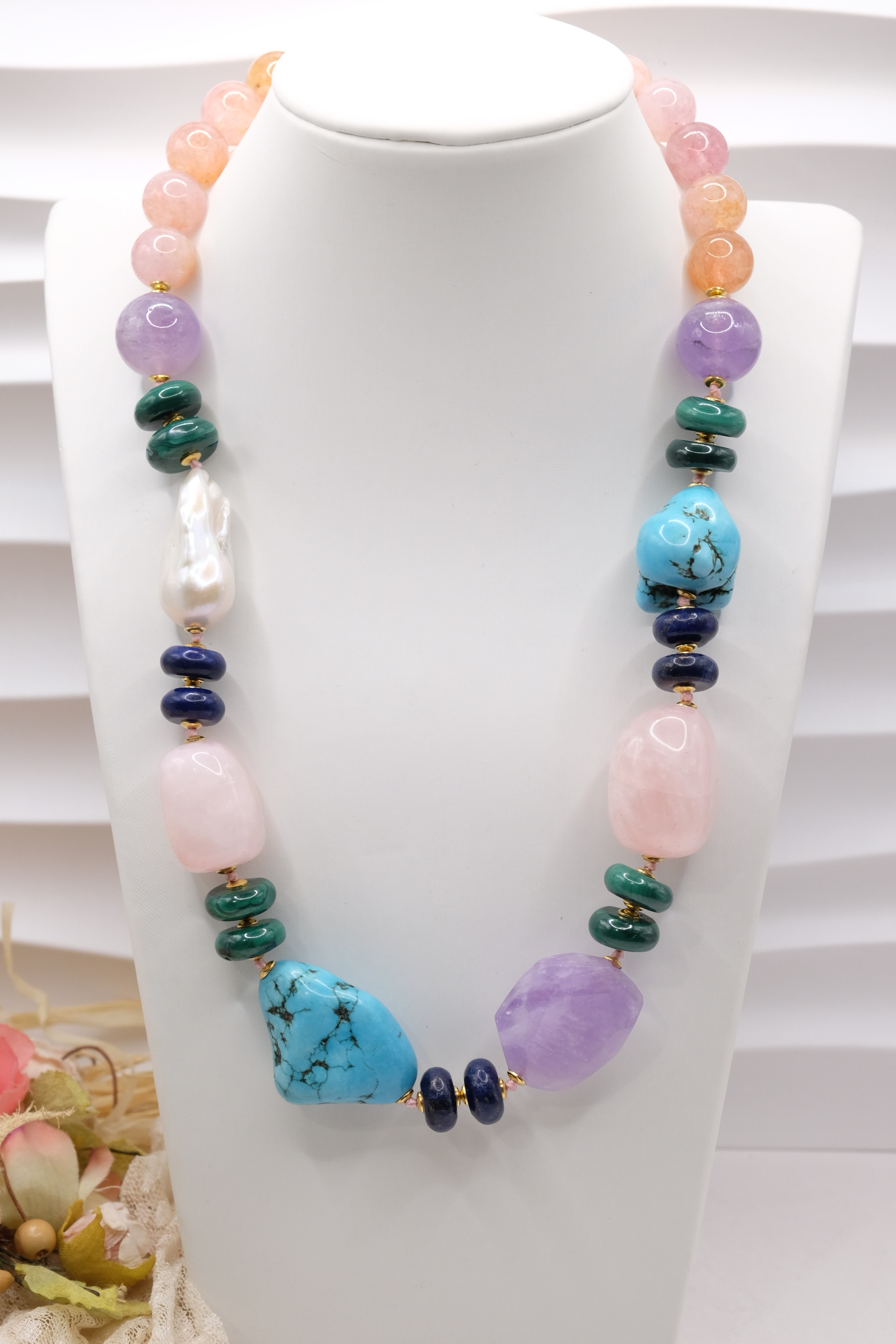 COLLANA ARTIGIANALE PERLE AMETISTA TURCHESE ACQUAMARINA LAPIS MALACHITE B B (8)