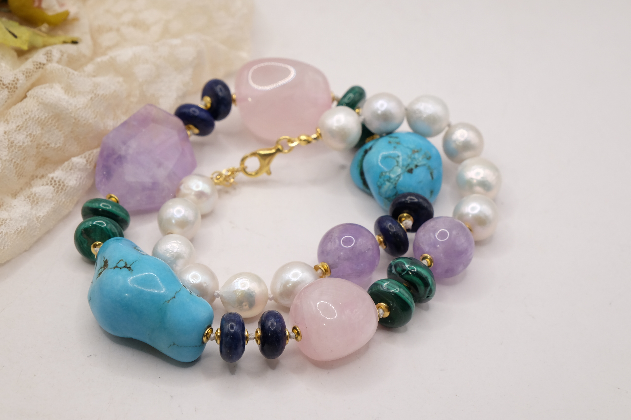 COLLANA ARTIGIANALE PERLE AMETISTA TURCHESE QUARZO ROSA LAPIS MALACHITE (1)