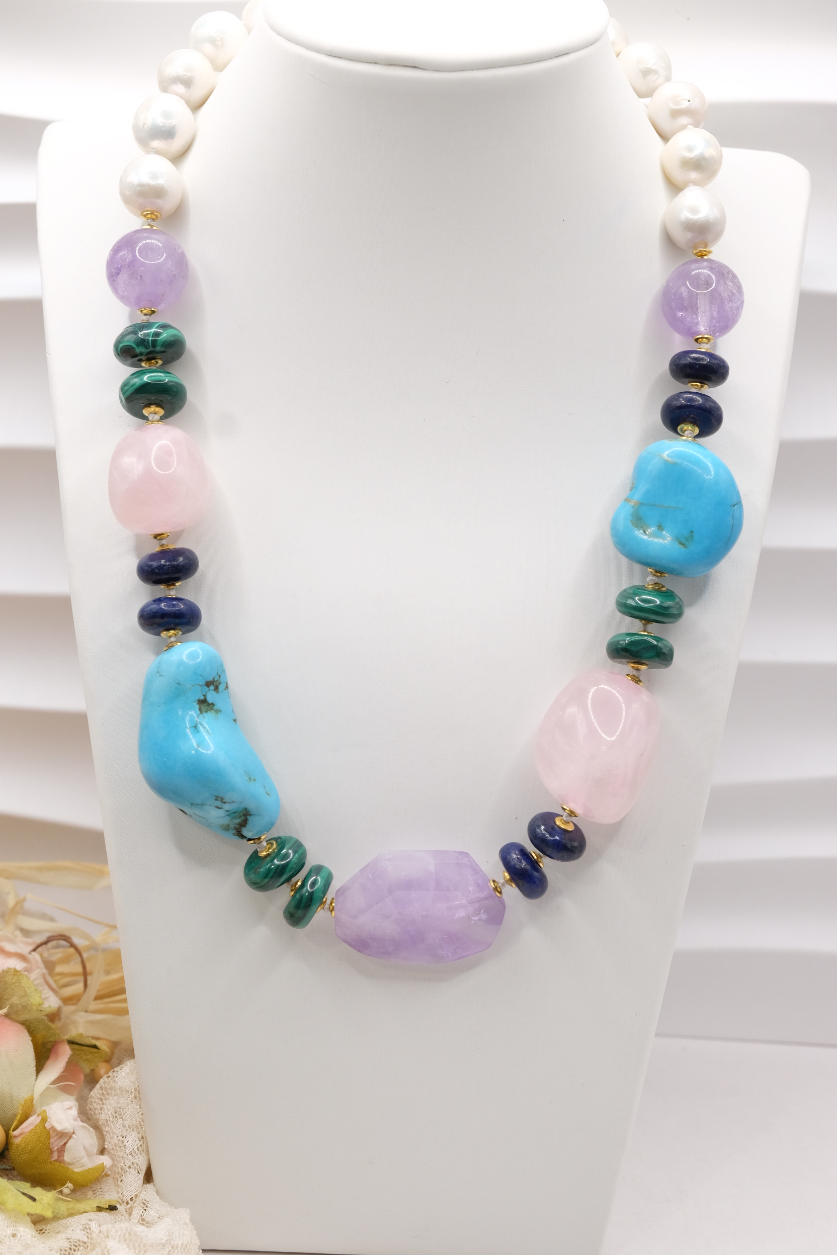 COLLANA ARTIGIANALE PERLE AMETISTA TURCHESE QUARZO ROSA LAPIS MALACHITE (2)