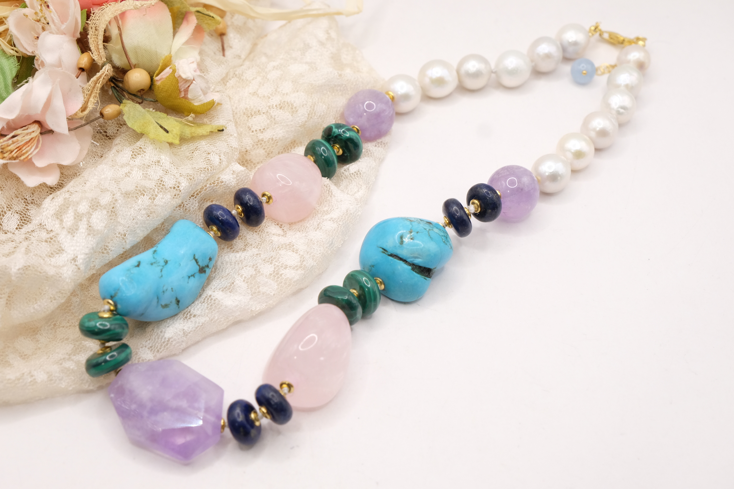 COLLANA ARTIGIANALE PERLE AMETISTA TURCHESE QUARZO ROSA LAPIS MALACHITE (3)