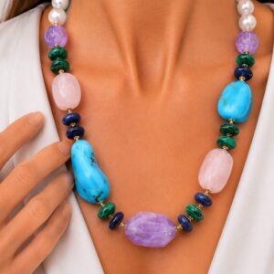 Collana Asimmetrica Turchese Perle Ametista Quarzo Rosa Lapis Malachite