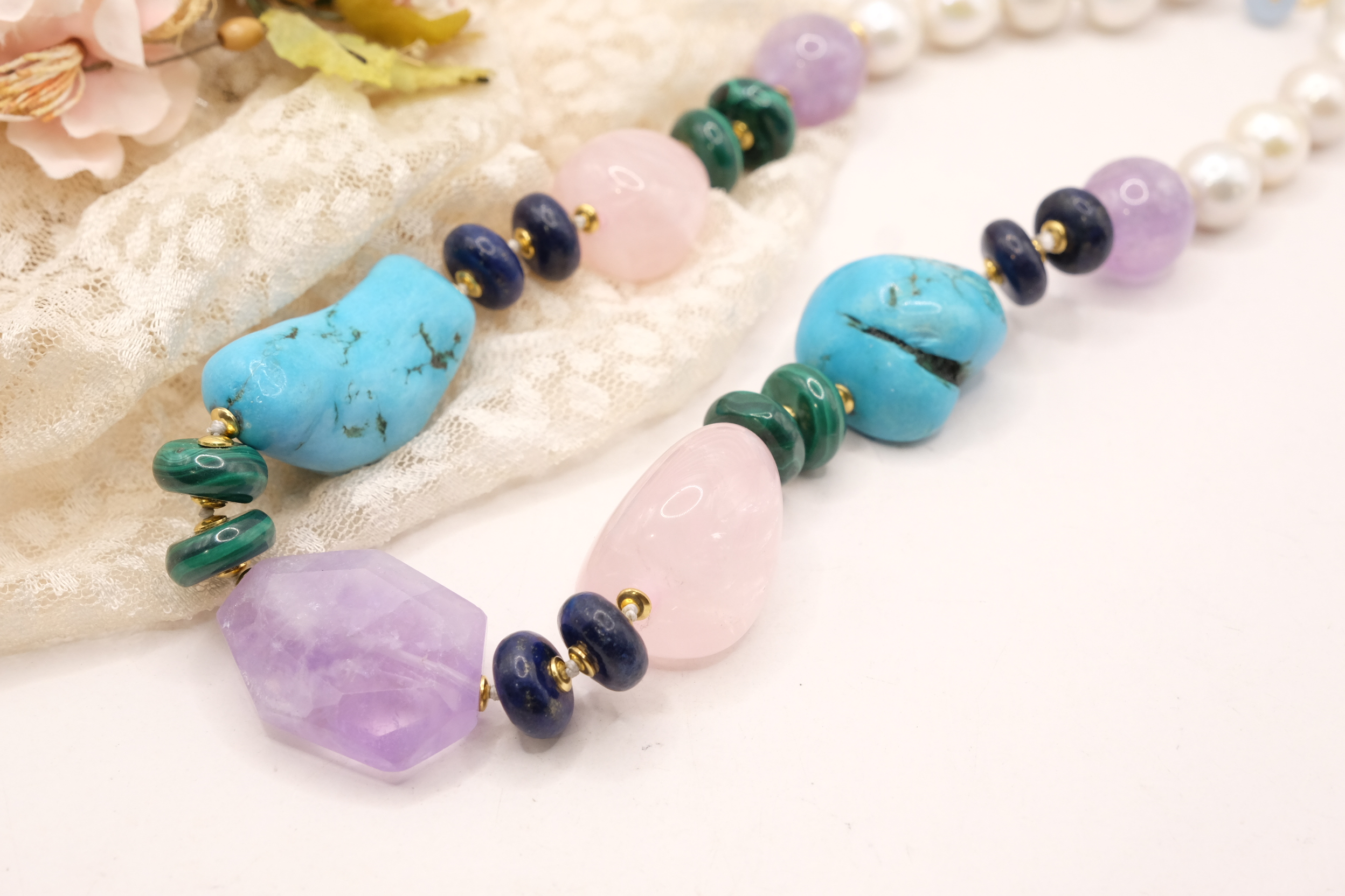 COLLANA ARTIGIANALE PERLE AMETISTA TURCHESE QUARZO ROSA LAPIS MALACHITE (4)