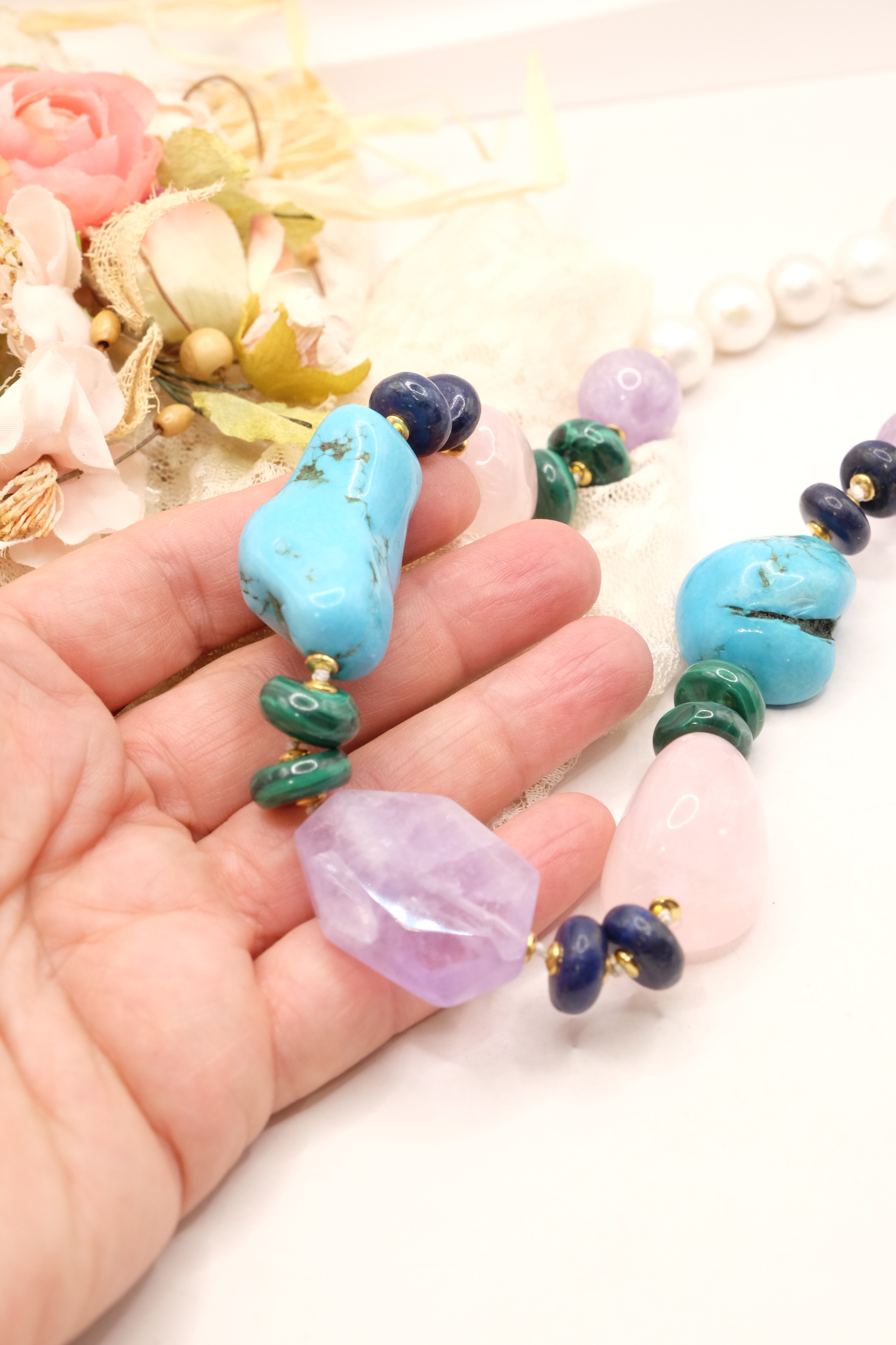 COLLANA ARTIGIANALE PERLE AMETISTA TURCHESE QUARZO ROSA LAPIS MALACHITE (5)