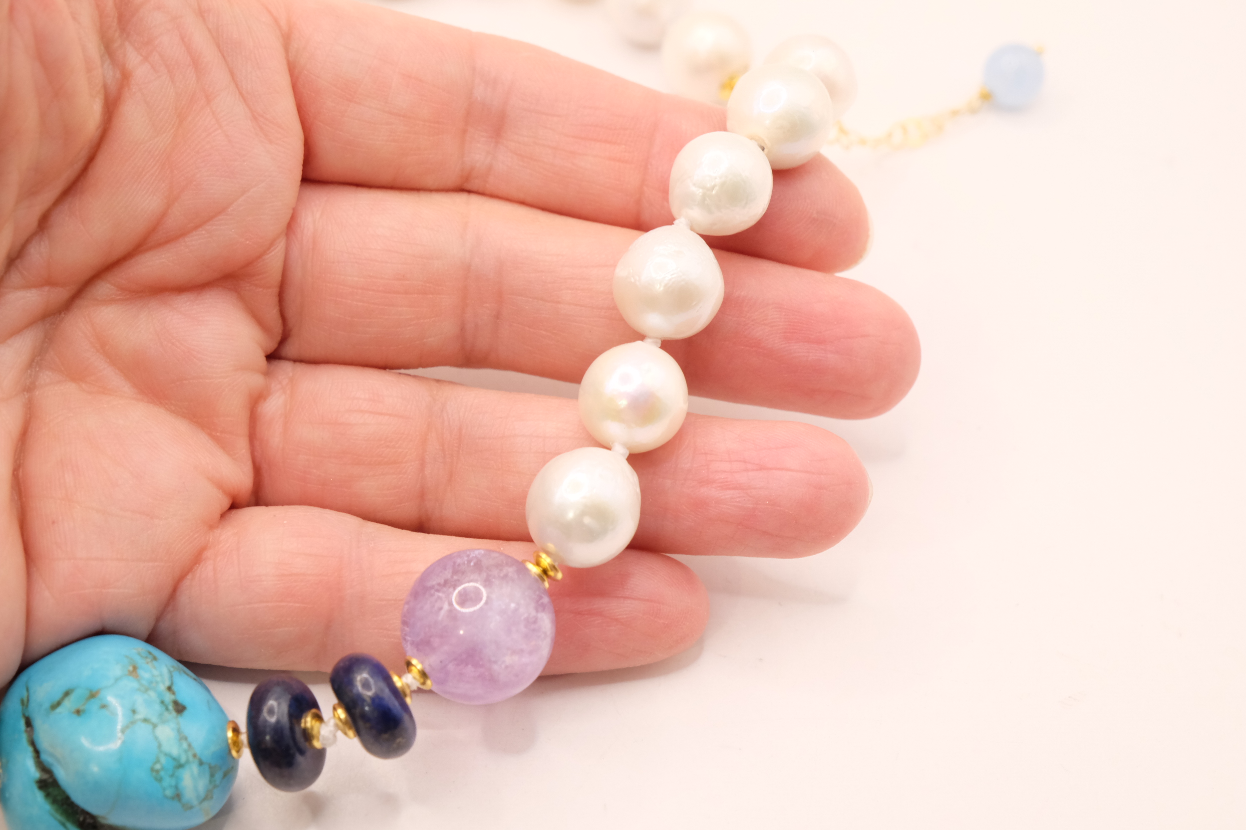 COLLANA ARTIGIANALE PERLE AMETISTA TURCHESE QUARZO ROSA LAPIS MALACHITE (7)