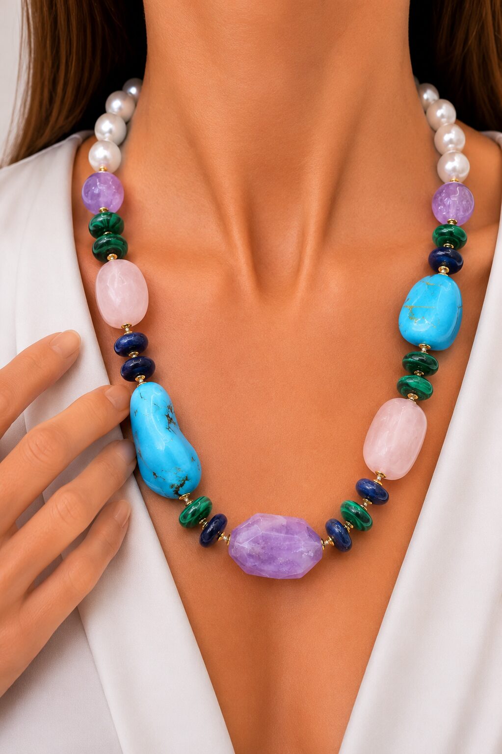 Handcrafted necklace with amethyst, turquoise, rose quartz, lapis, and malachite pearls.