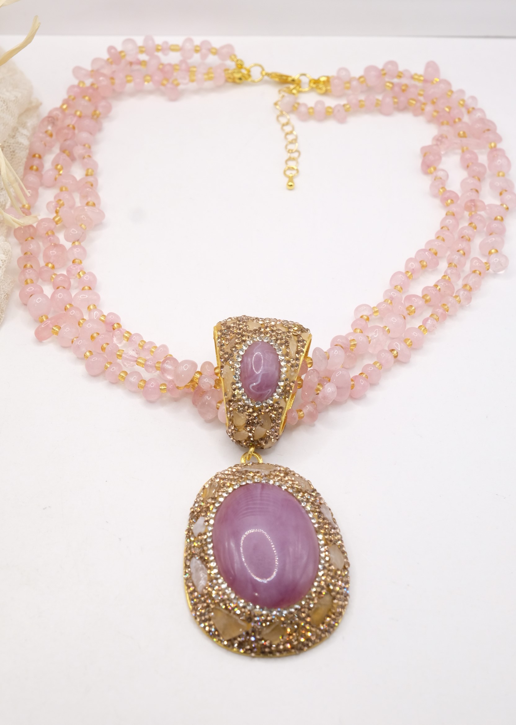 COLLANA ARTIGIANALE QUARZO ROSA MARCASSITI RESINA (1)