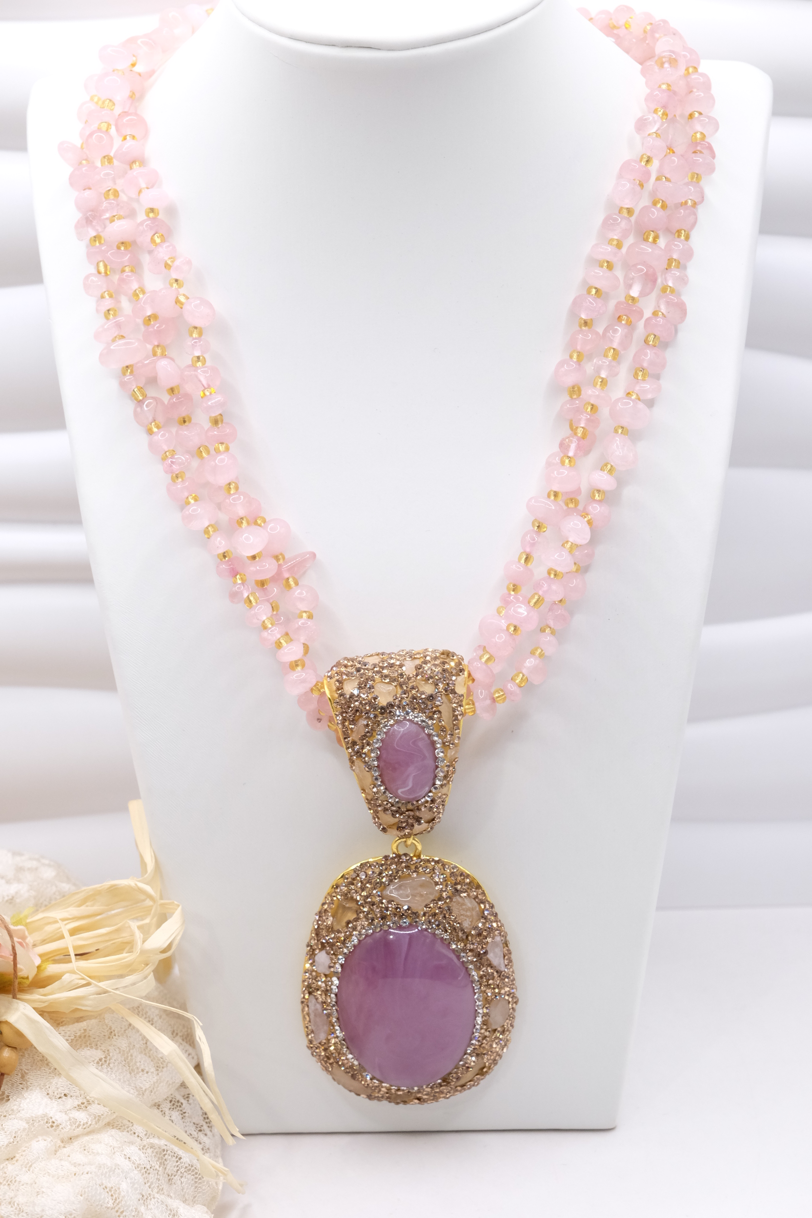 COLLANA ARTIGIANALE QUARZO ROSA MARCASSITI RESINA (2)
