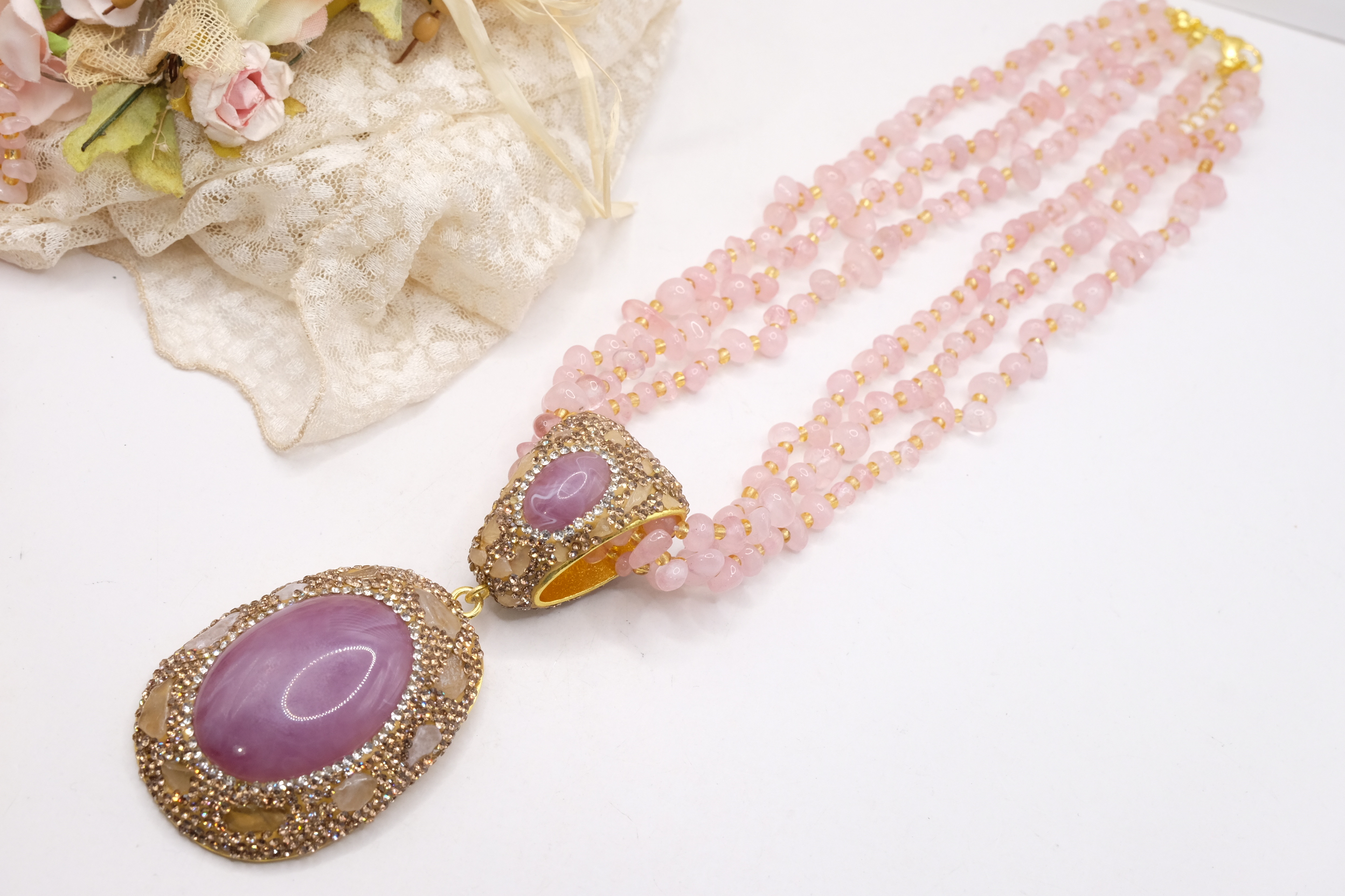 COLLANA ARTIGIANALE QUARZO ROSA MARCASSITI RESINA (3)