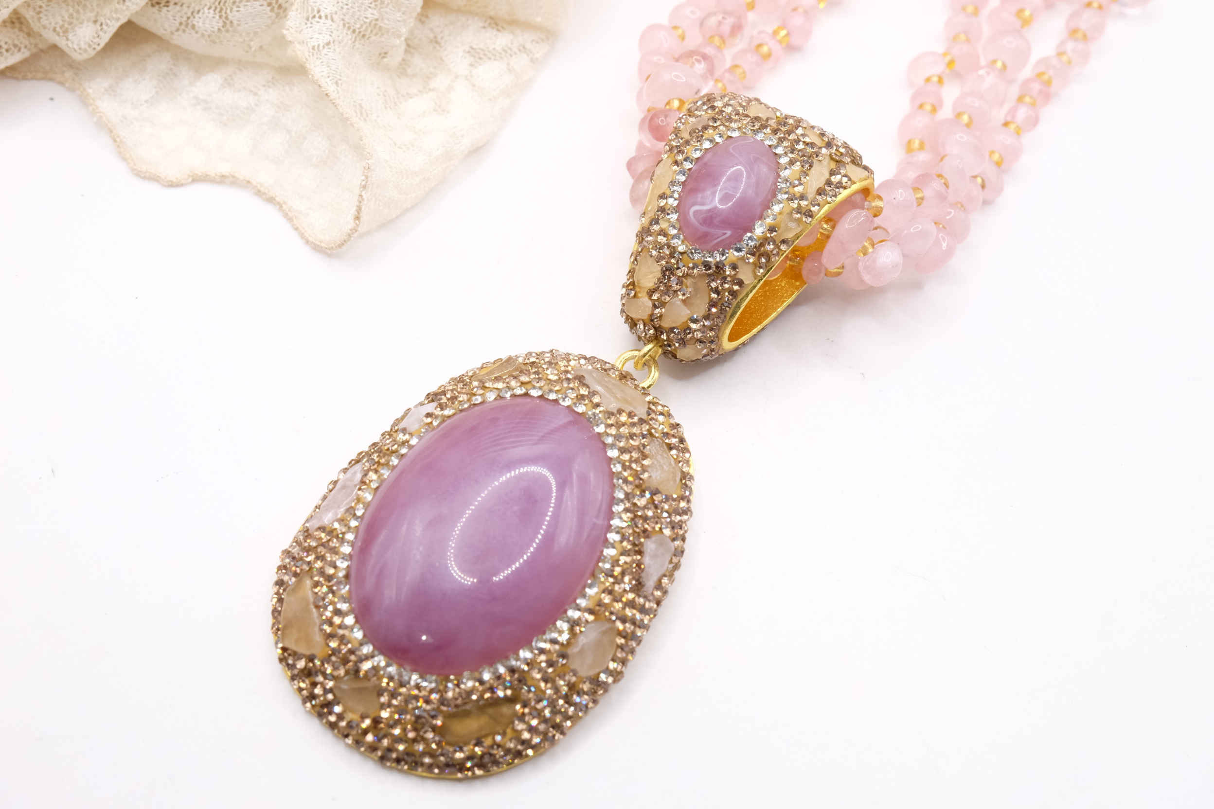 COLLANA ARTIGIANALE QUARZO ROSA MARCASSITI RESINA (4)