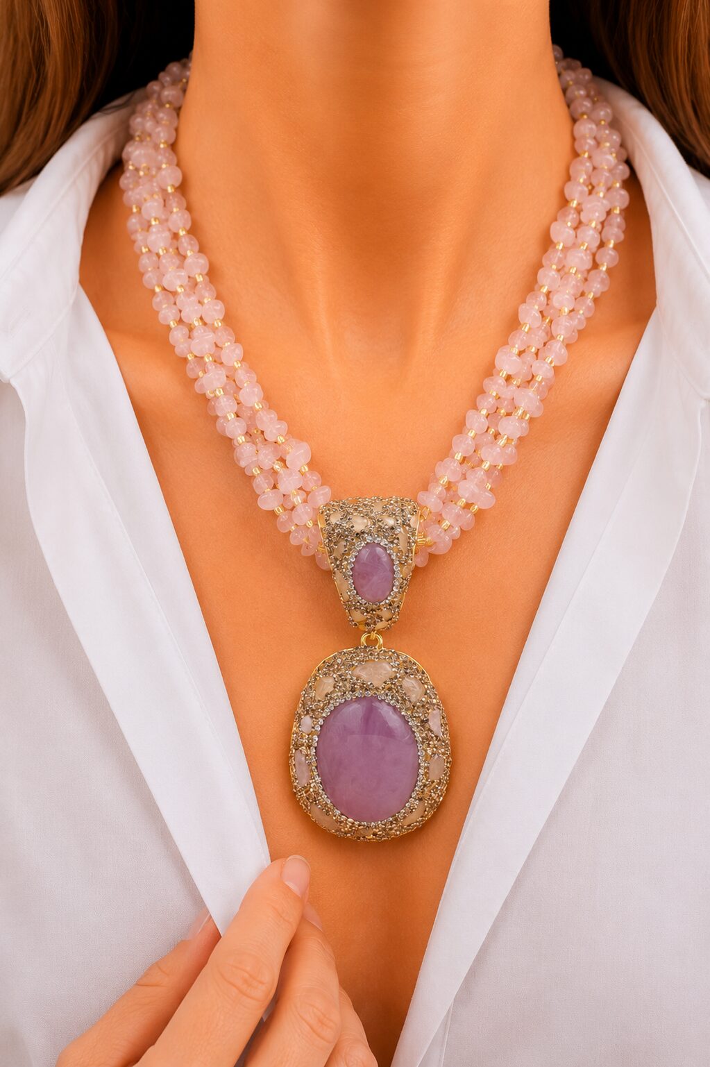 COLLANA ARTIGIANALE QUARZO ROSA MARCASSITI RESINA
