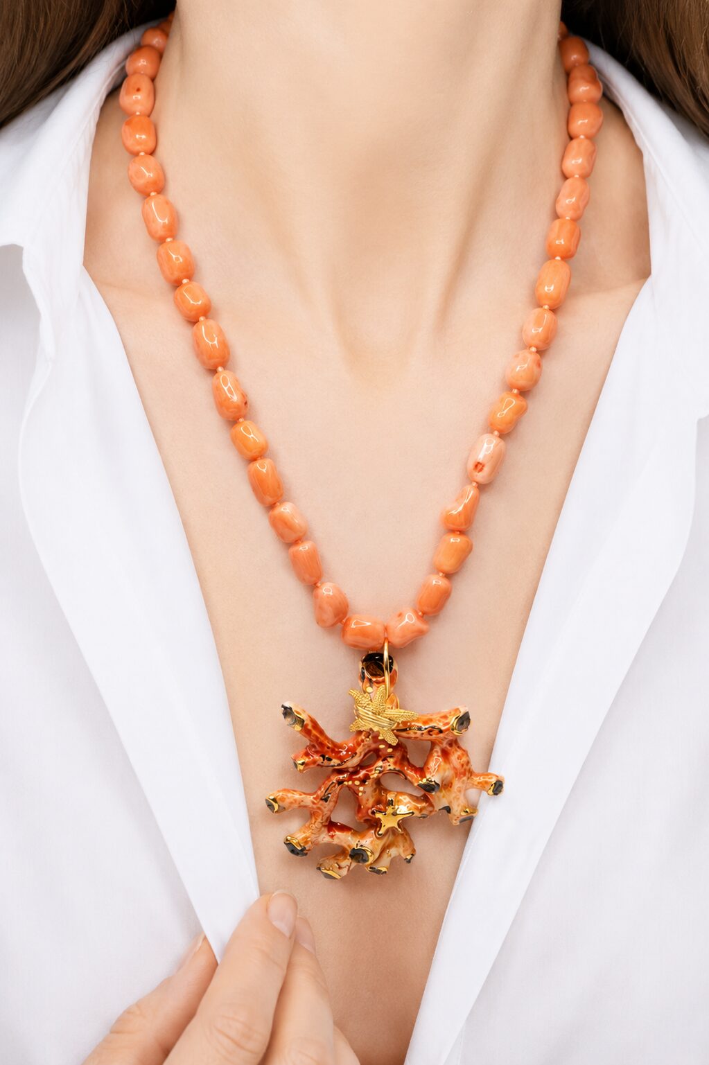 COLLANA-ARTIGIANALE-RAMO-DI-CORALLO-CERAMICA-DI-CALTAGIRONE-SICILIANA-CORALLO BAMBOO-ARGENTO