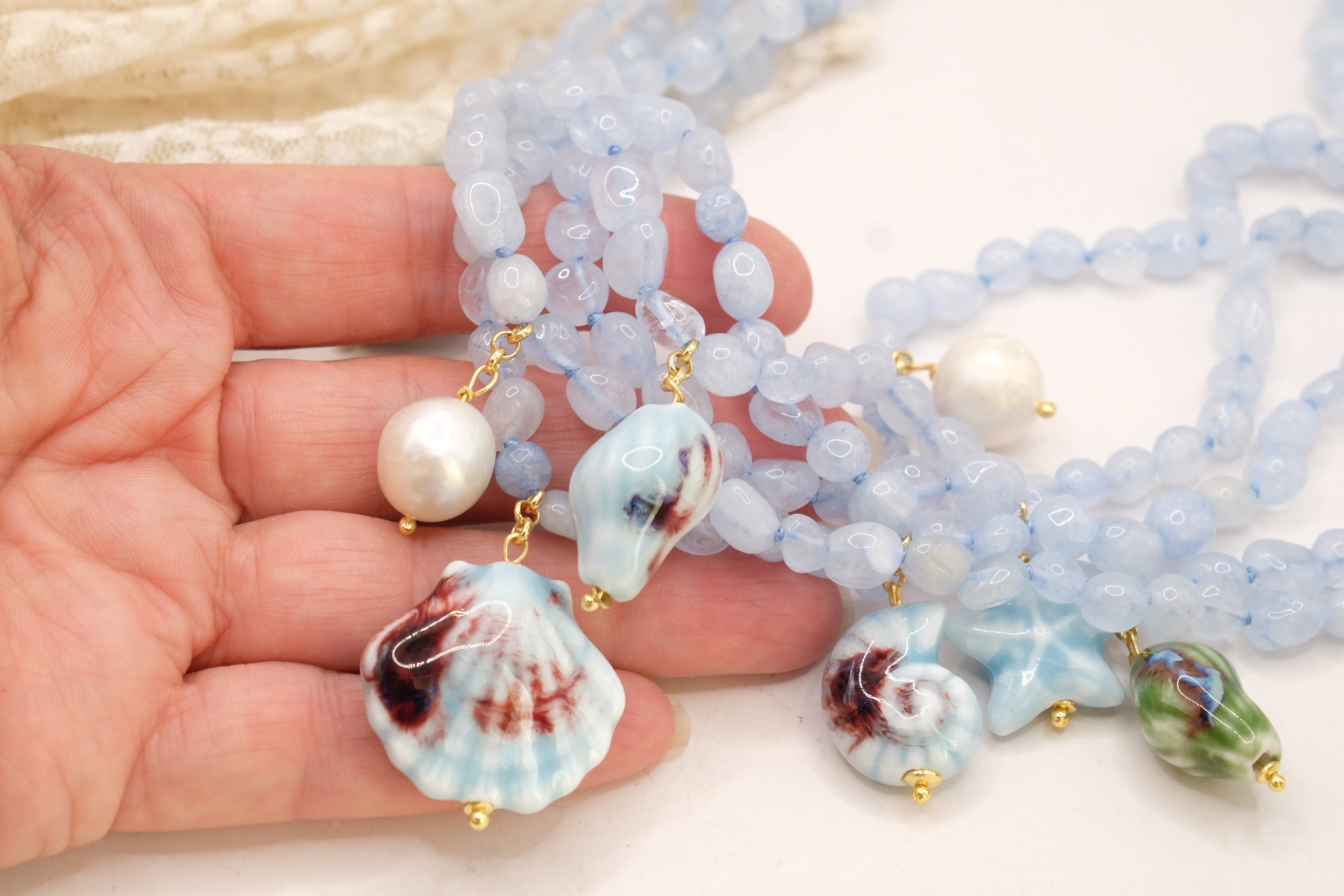 COLLANA ARTIGIANALE SICILIANA ACQUAMARINA STELLE CONCHIGLIE CERAMICA DI CALTAGIRONE ARGENTO DORATO (2)