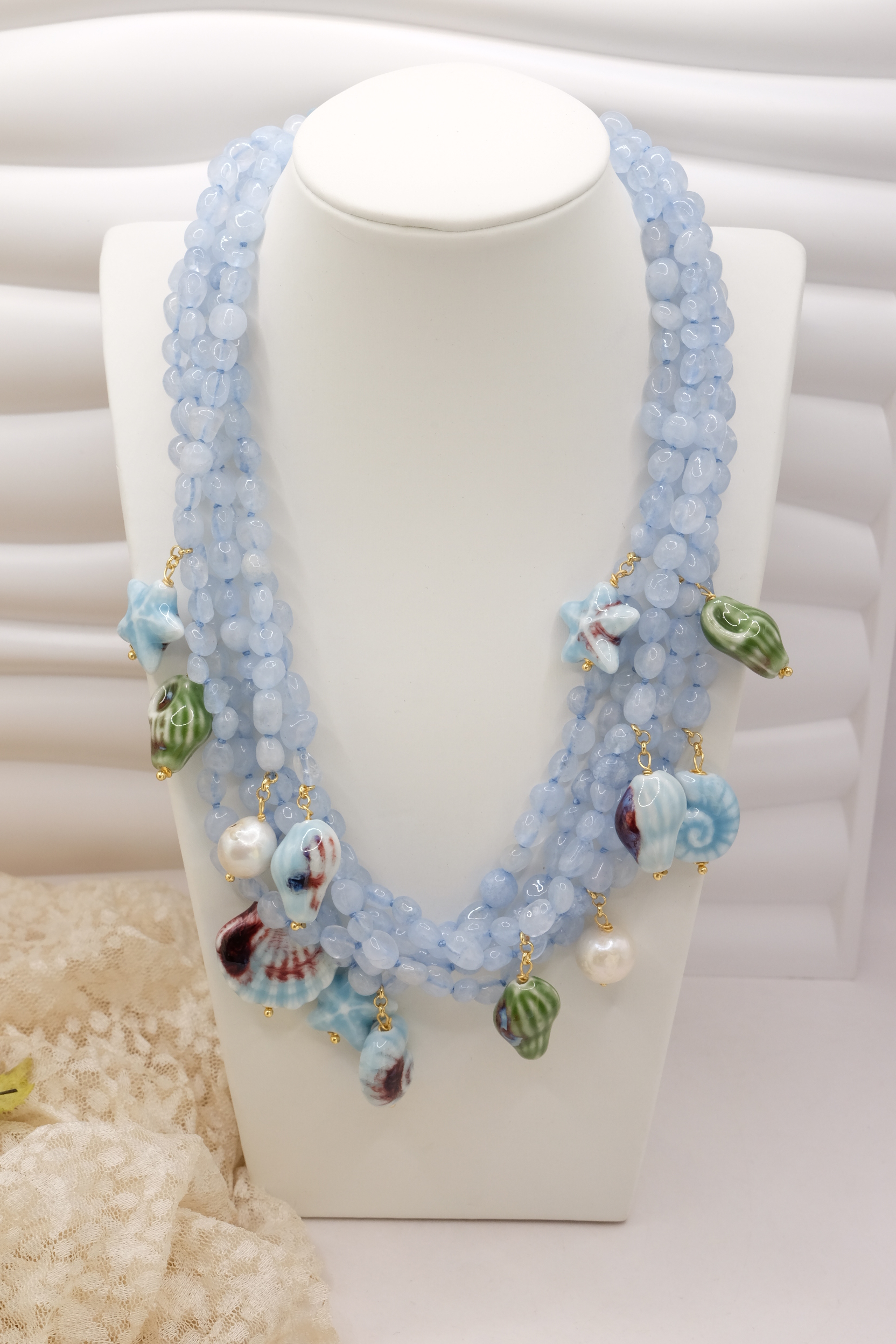 COLLANA ARTIGIANALE SICILIANA ACQUAMARINA STELLE CONCHIGLIE CERAMICA DI CALTAGIRONE ARGENTO DORATO (3)