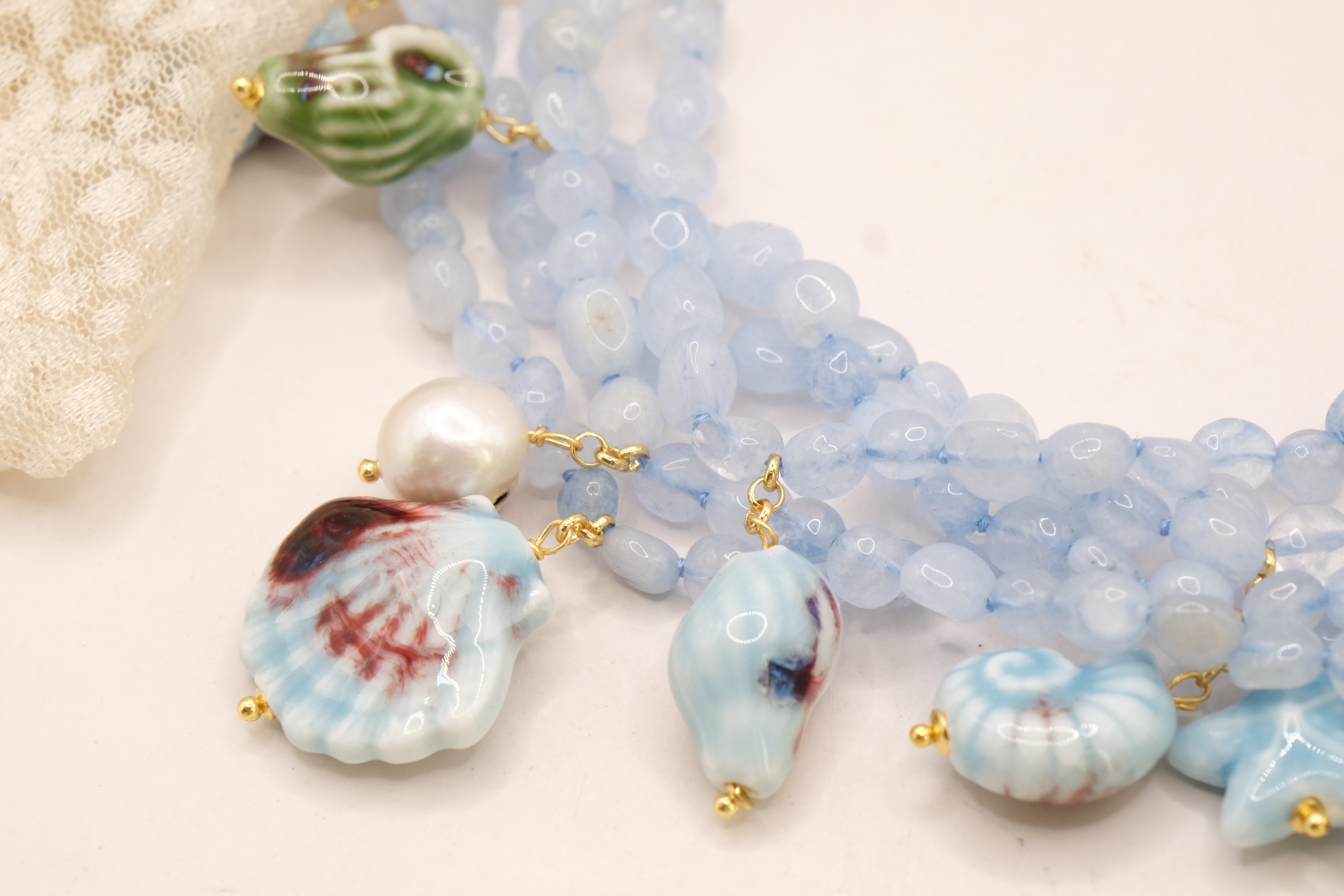 COLLANA ARTIGIANALE SICILIANA ACQUAMARINA STELLE CONCHIGLIE CERAMICA DI CALTAGIRONE ARGENTO DORATO (4)