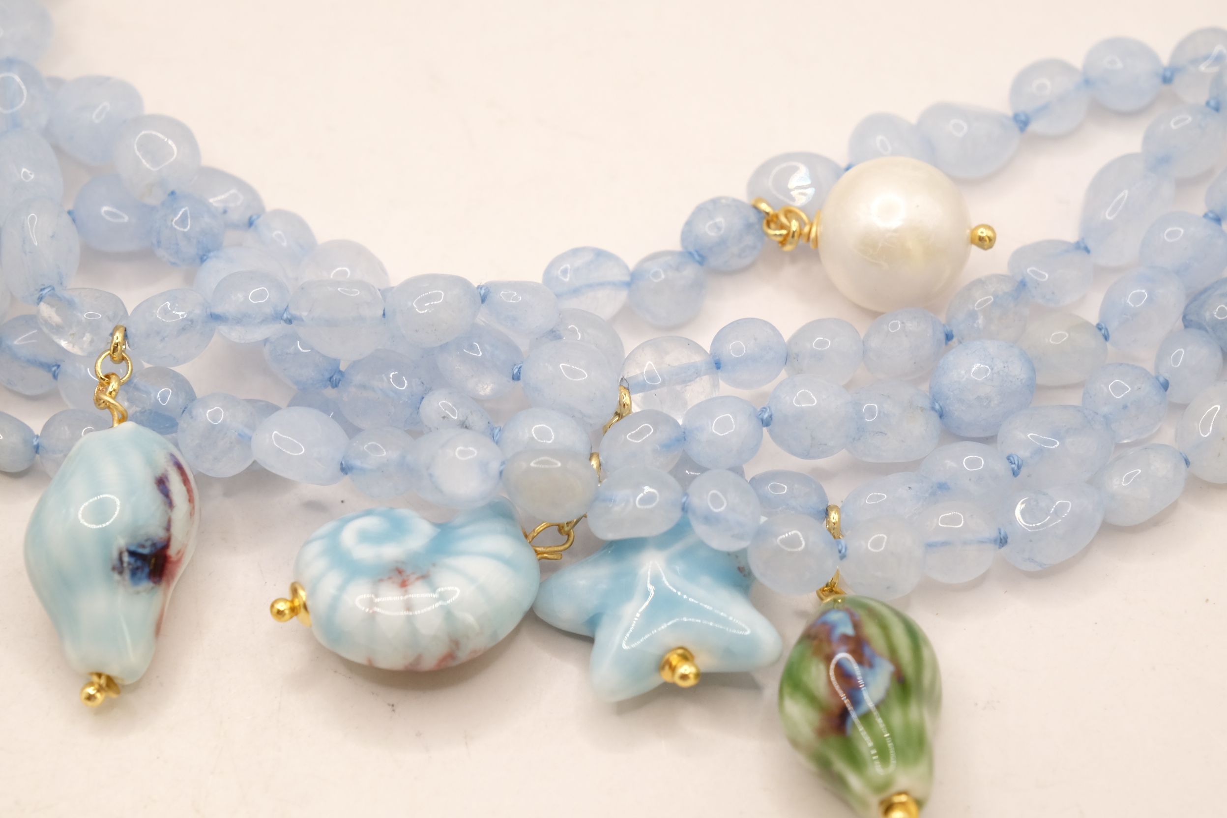 COLLANA ARTIGIANALE SICILIANA ACQUAMARINA STELLE CONCHIGLIE CERAMICA DI CALTAGIRONE ARGENTO DORATO (5)