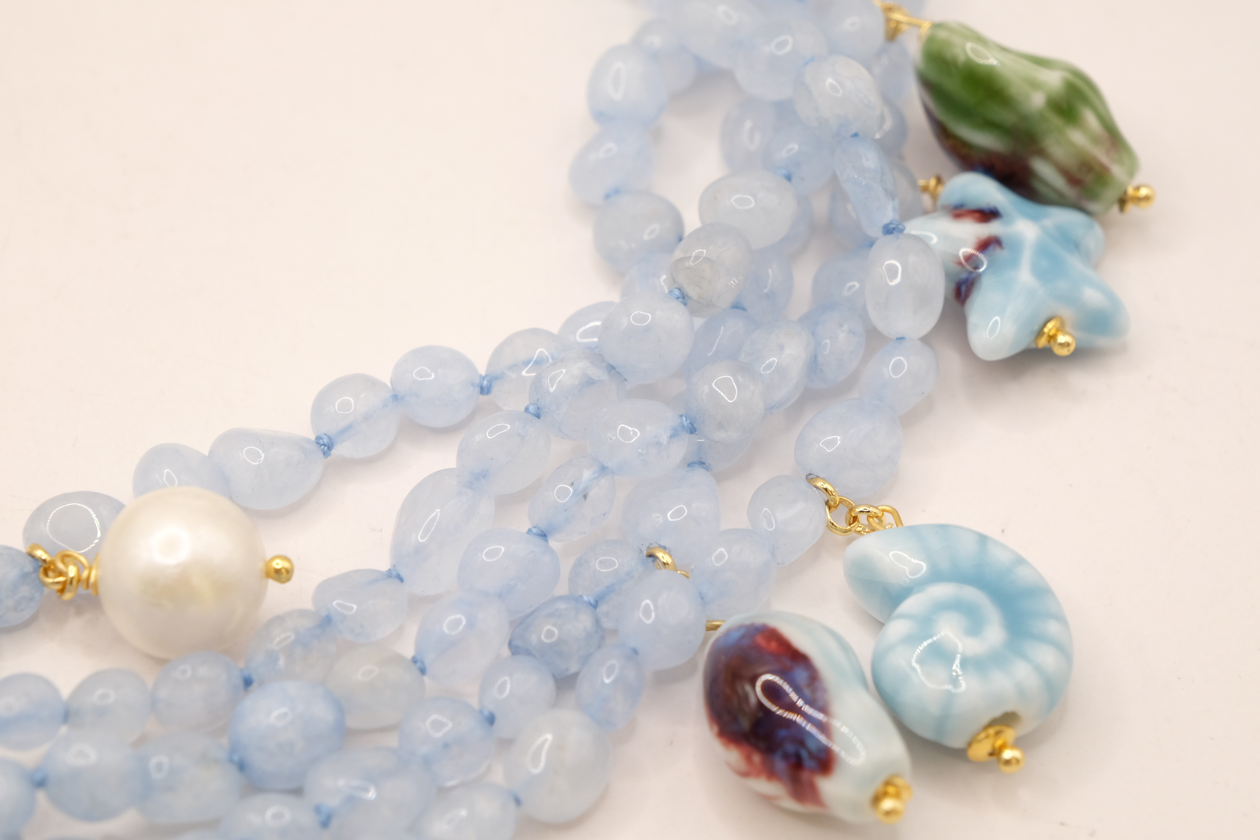 COLLANA ARTIGIANALE SICILIANA ACQUAMARINA STELLE CONCHIGLIE CERAMICA DI CALTAGIRONE ARGENTO DORATO (6)
