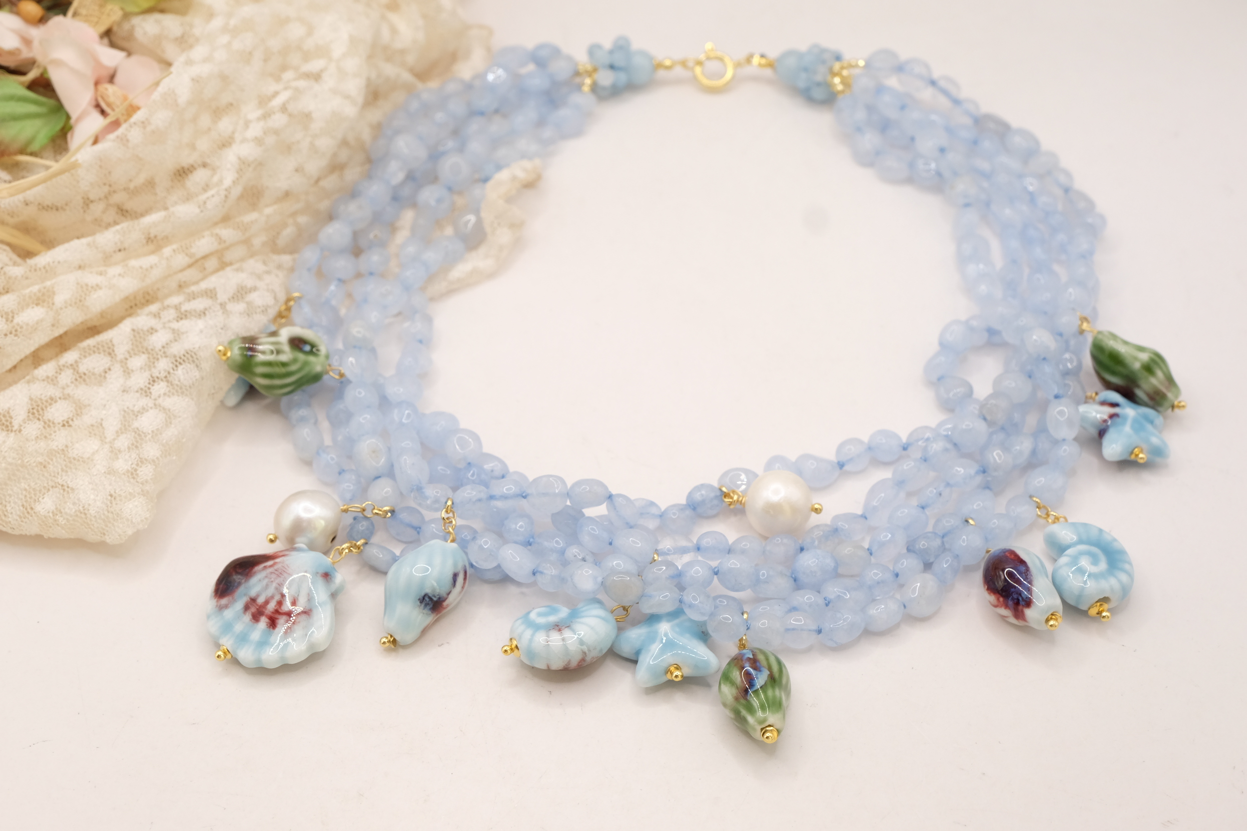 COLLANA ARTIGIANALE SICILIANA ACQUAMARINA STELLE CONCHIGLIE CERAMICA DI CALTAGIRONE ARGENTO DORATO (7)