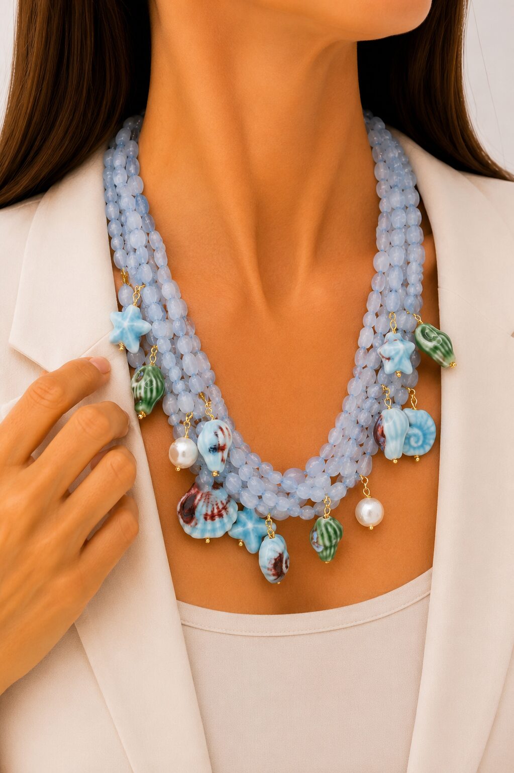 COLLANA ARTIGIANALE SICILIANA ACQUAMARINA STELLE CONCHIGLIE CERAMICA DI CALTAGIRONE ARGENTO DORATO