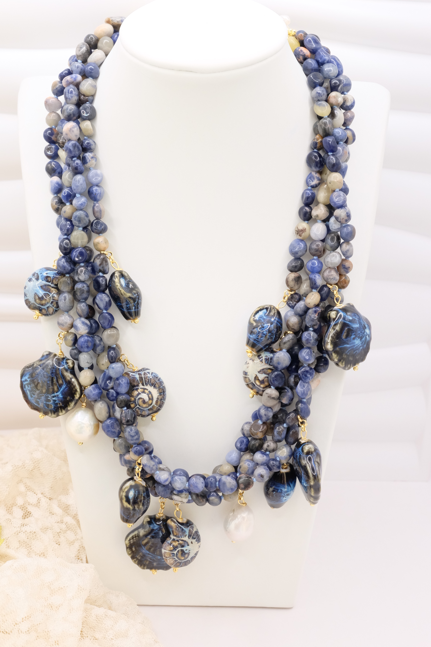 COLLANA ARTIGIANALE SODALITE SICILIANA STELLE CONCHIGLIE CERAMICA DI CALTAGIRONE PERLE ARGENTO (2)
