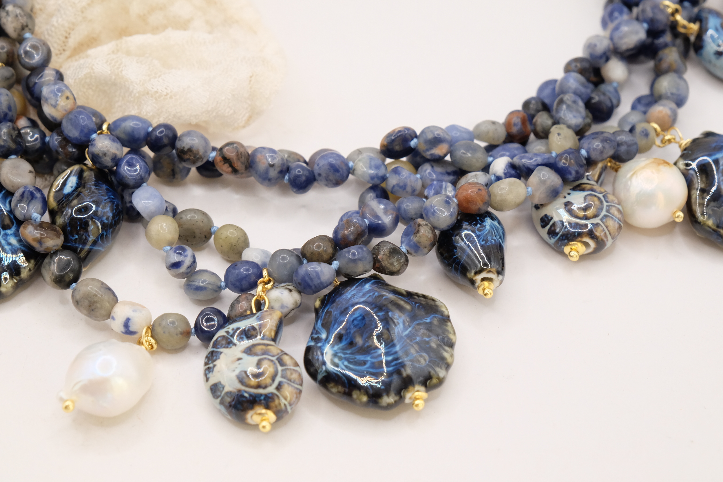 COLLANA ARTIGIANALE SODALITE SICILIANA STELLE CONCHIGLIE CERAMICA DI CALTAGIRONE PERLE ARGENTO (4)