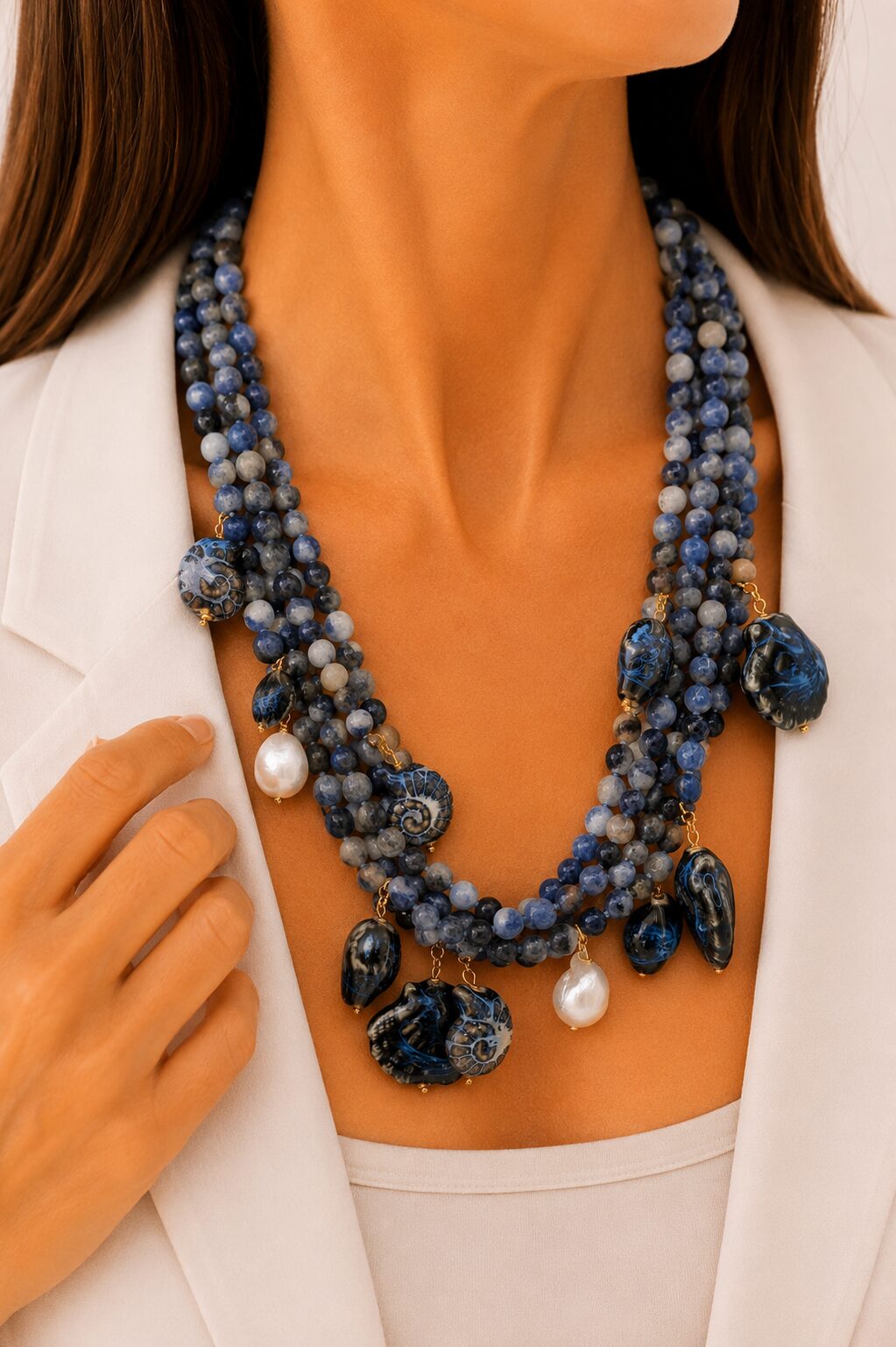 COLLANA ARTIGIANALE SODALITE SICILIANA STELLE CONCHIGLIE CERAMICA DI CALTAGIRONE PERLE ARGENTO
