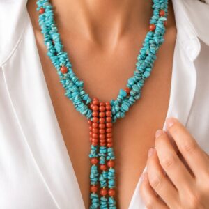 Collana Cascata Turchese Pasta di Corallo Ottone Acciaio