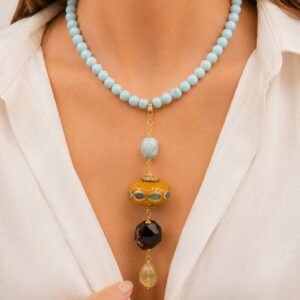 Collana Collarino in Turchese Stabilizzata 10mm con Pendente Nepalese Pietre Dure