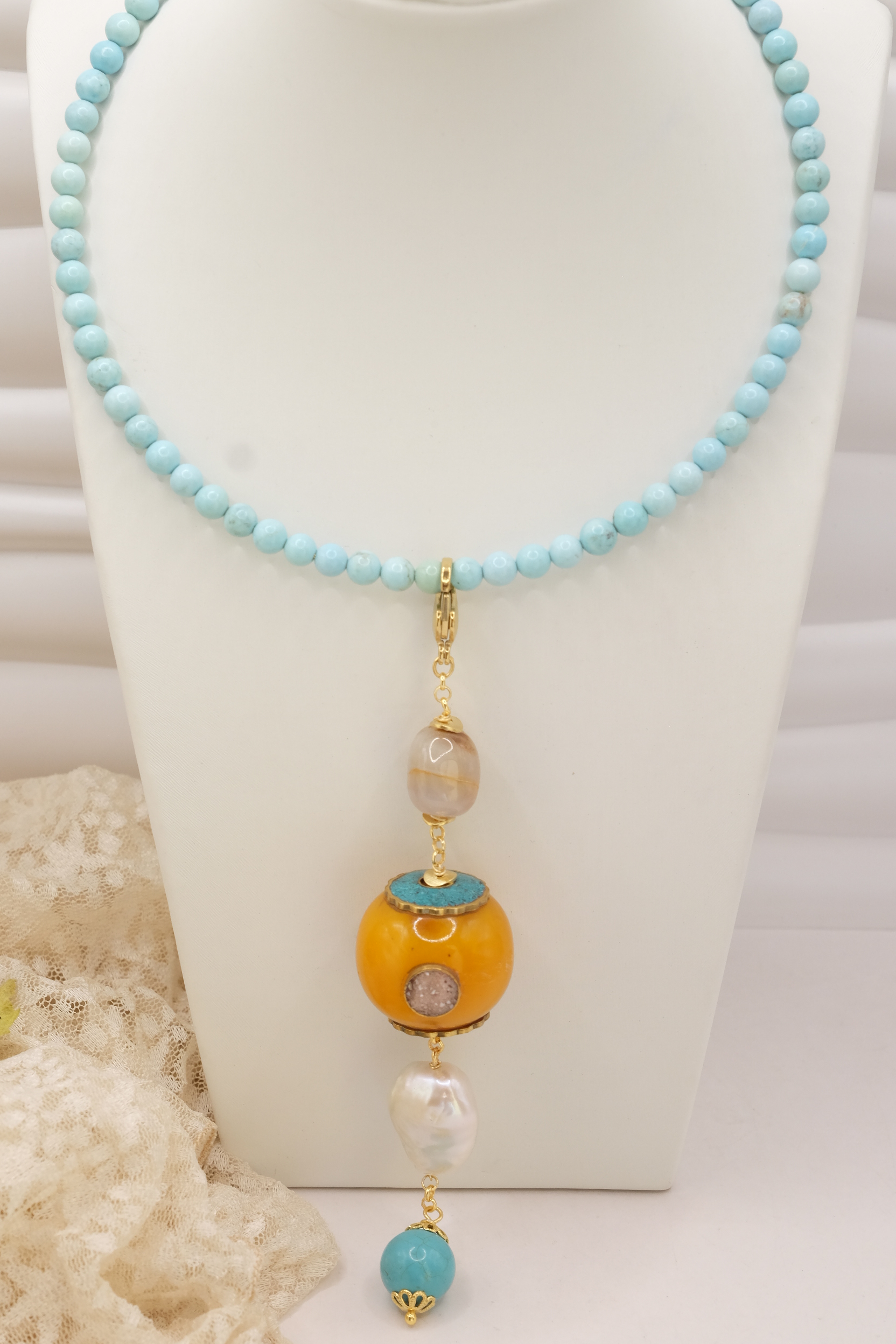 COLLANA ARTIGIANALE TURCHESE STABILIZZATA ELEMENTO NEPALESE PERLA DIASPRO TURCHESE (2)