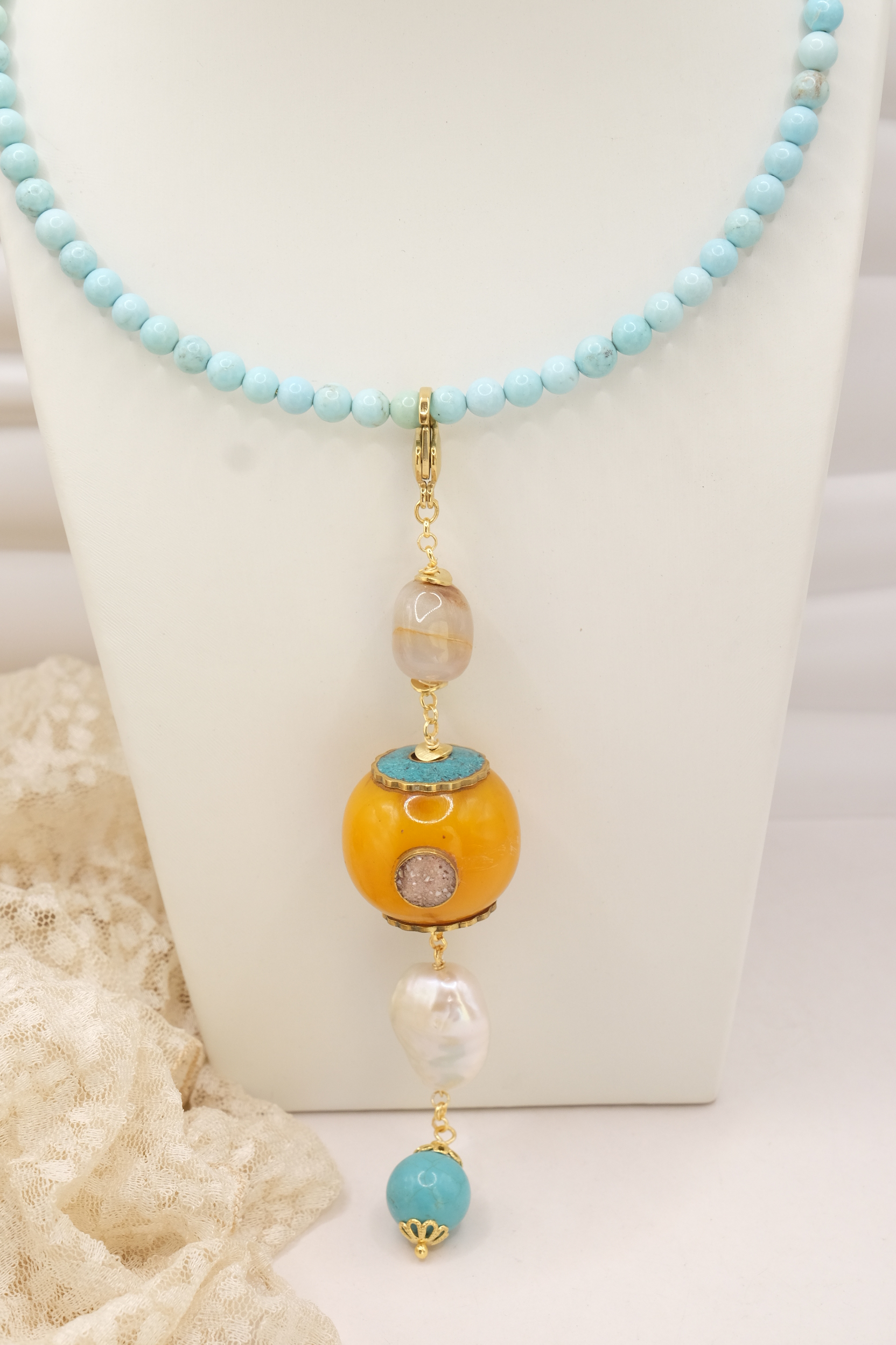COLLANA ARTIGIANALE TURCHESE STABILIZZATA ELEMENTO NEPALESE PERLA DIASPRO TURCHESE (3)