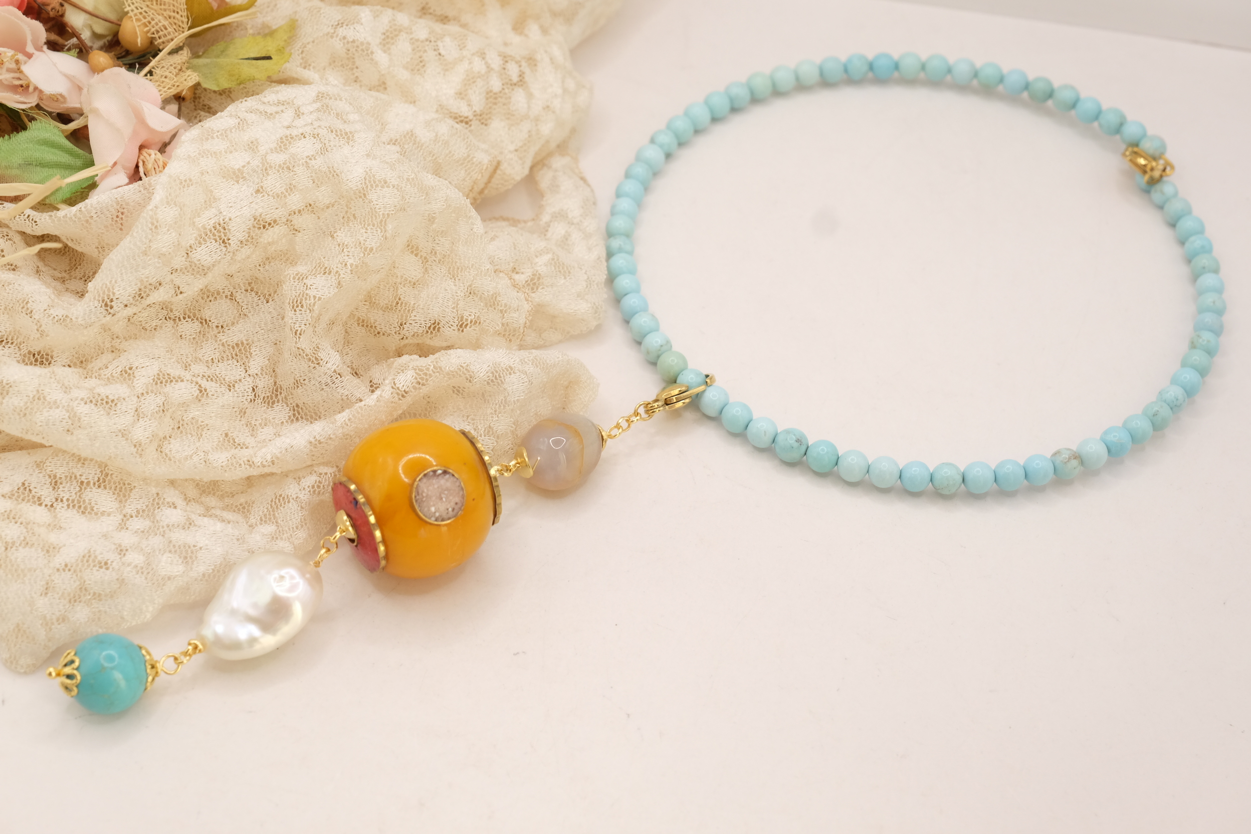 COLLANA ARTIGIANALE TURCHESE STABILIZZATA ELEMENTO NEPALESE PERLA DIASPRO TURCHESE (4)